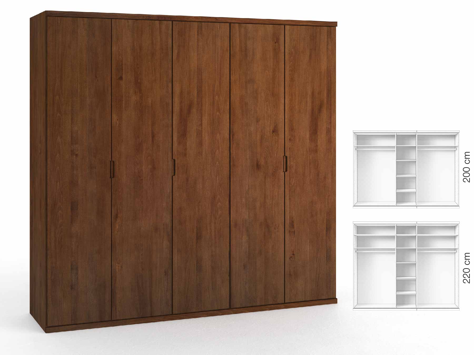 Buchenschrank Dunkel „Romana“, 5-türig, Höhe 220 cm, Griffausführung „Lukas“, Inneneinrichtung: B