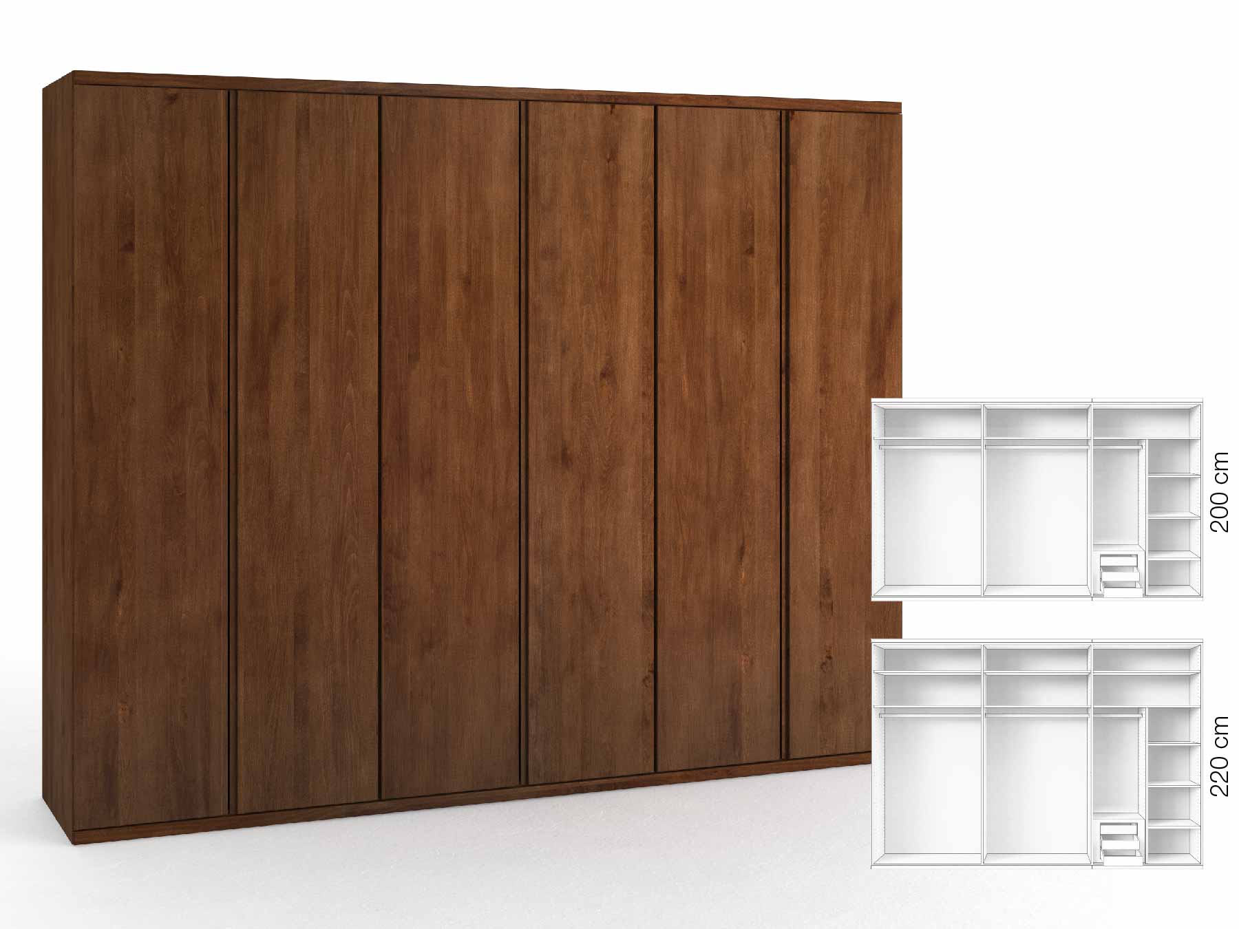 Buchenschrank „Romana“, 6-türig, Höhe 220 cm, Griffausführung „Patrizia“, Inneneinrichtung: C