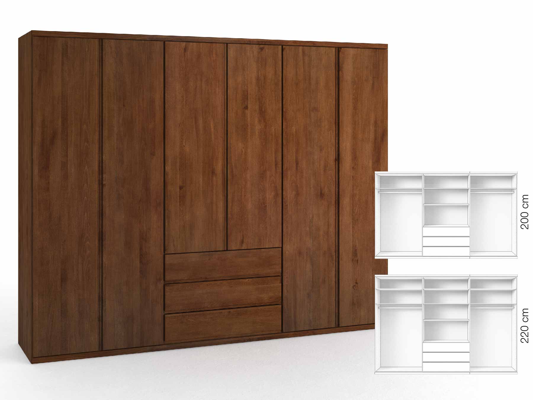 Buchenschrank „Romana“, 6-türig, Höhe 220 cm, Griffausführung „Patrizia“, Inneneinrichtung: D