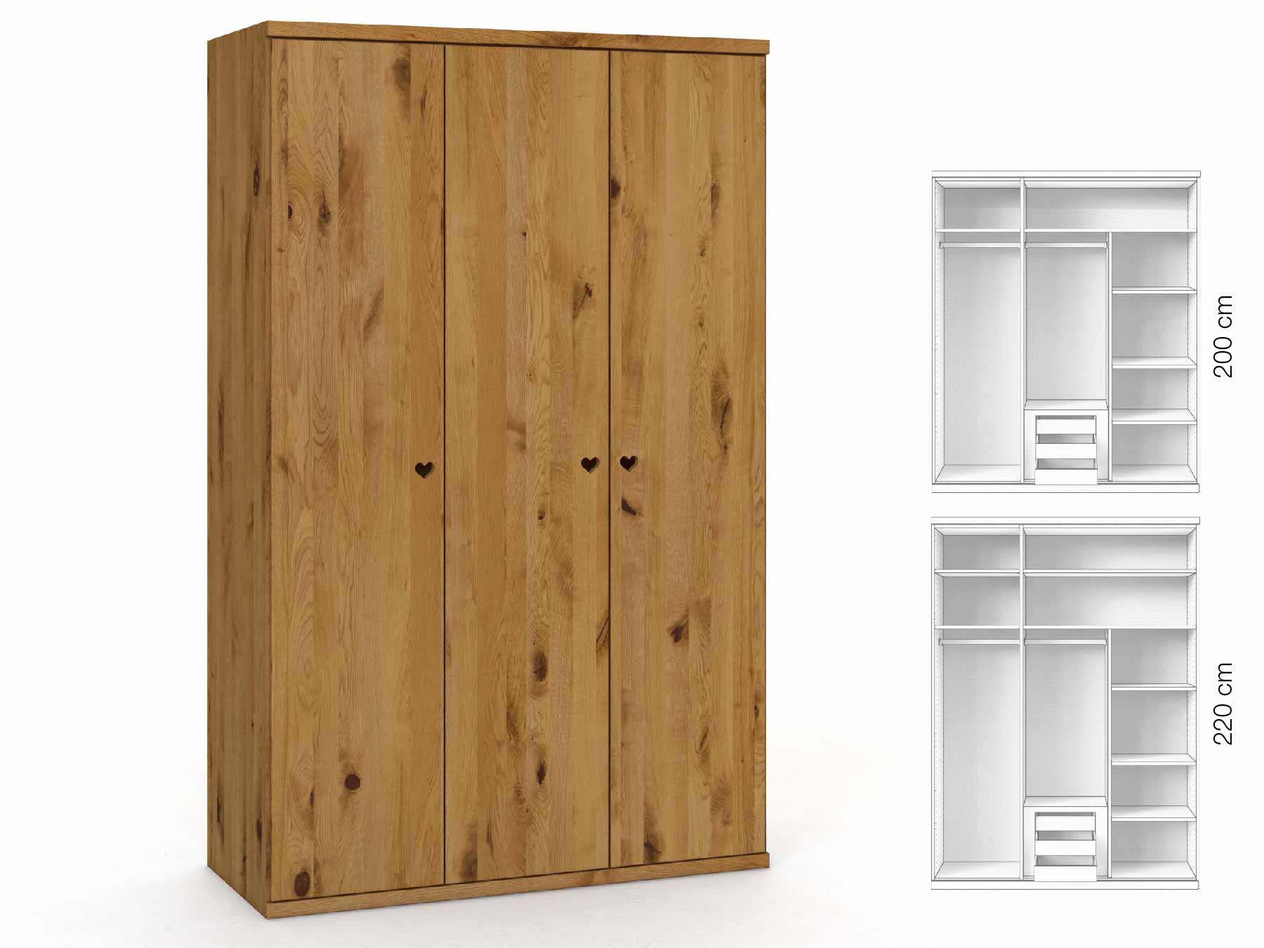 Wildeichenschrank „Romana“, 3-türig, Höhe 220 cm, Griffausführung „Heidi“, Inneneinrichtung: D
