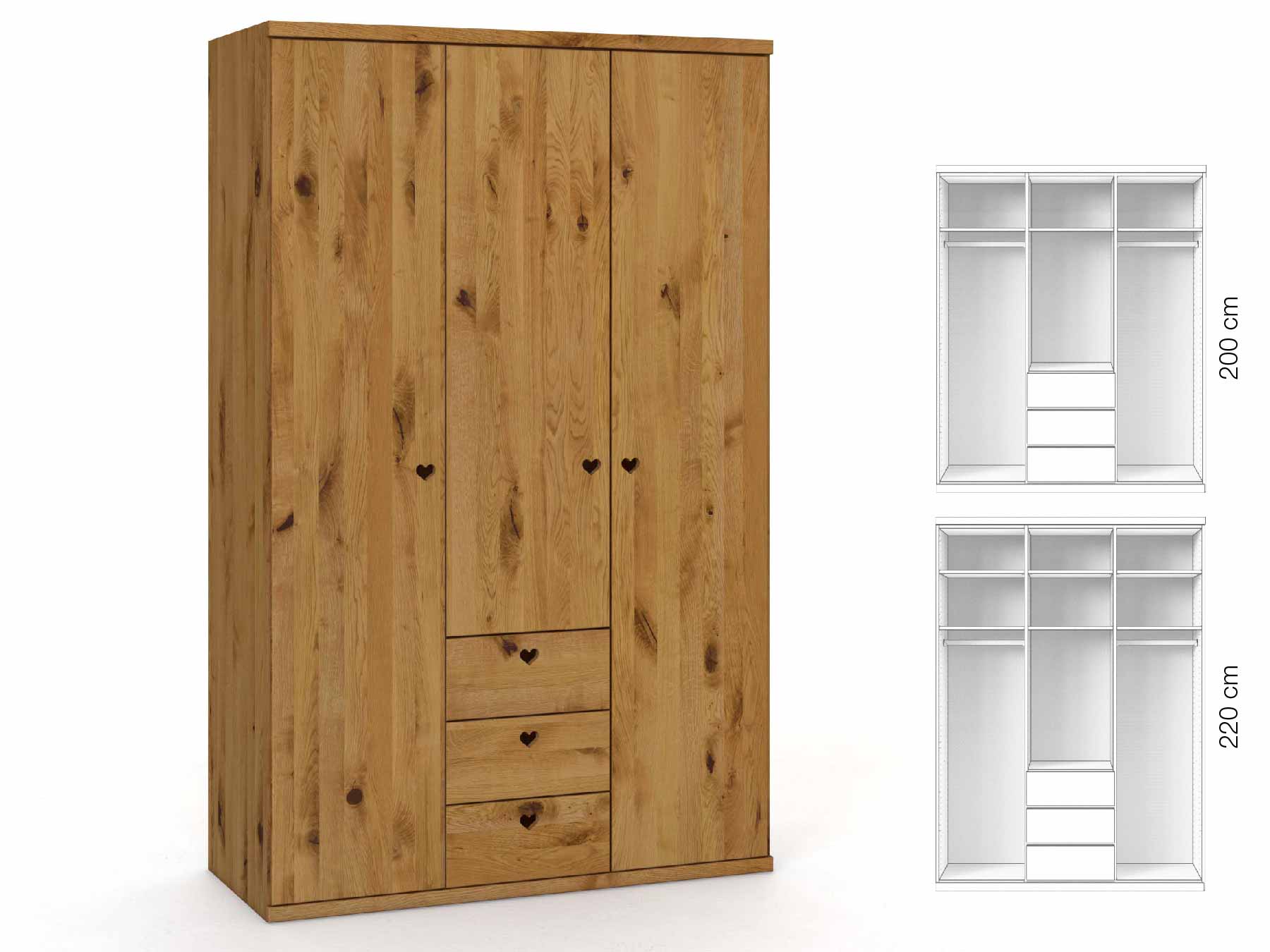 Wildeichenschrank „Romana“, 3-türig, Höhe 220 cm, Griffausführung „Heidi“, Inneneinrichtung: E