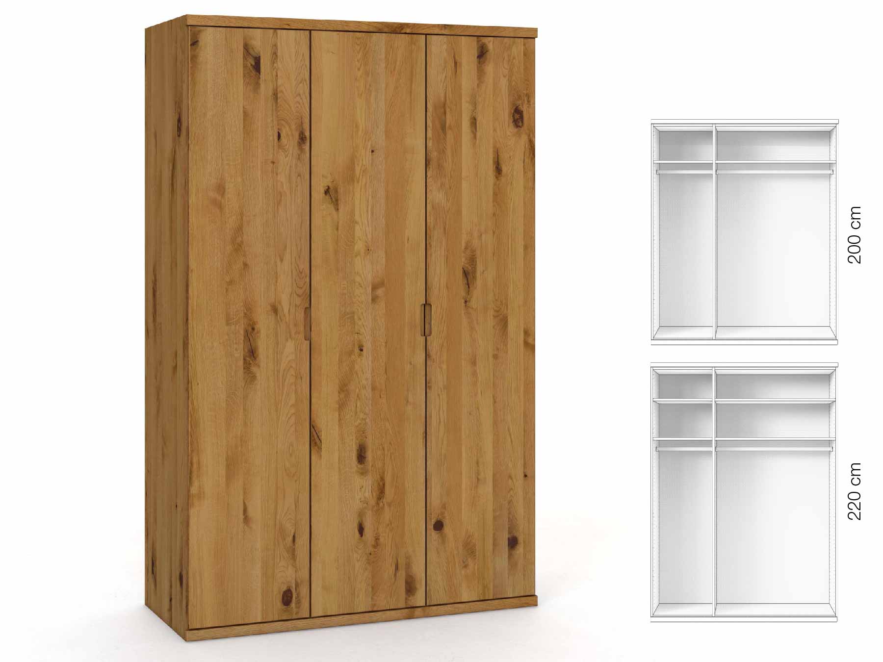 Wildeichenschrank „Romana“, 3-türig, Höhe 220 cm, Griffausführung „Lukas“, Inneneinrichtung: A