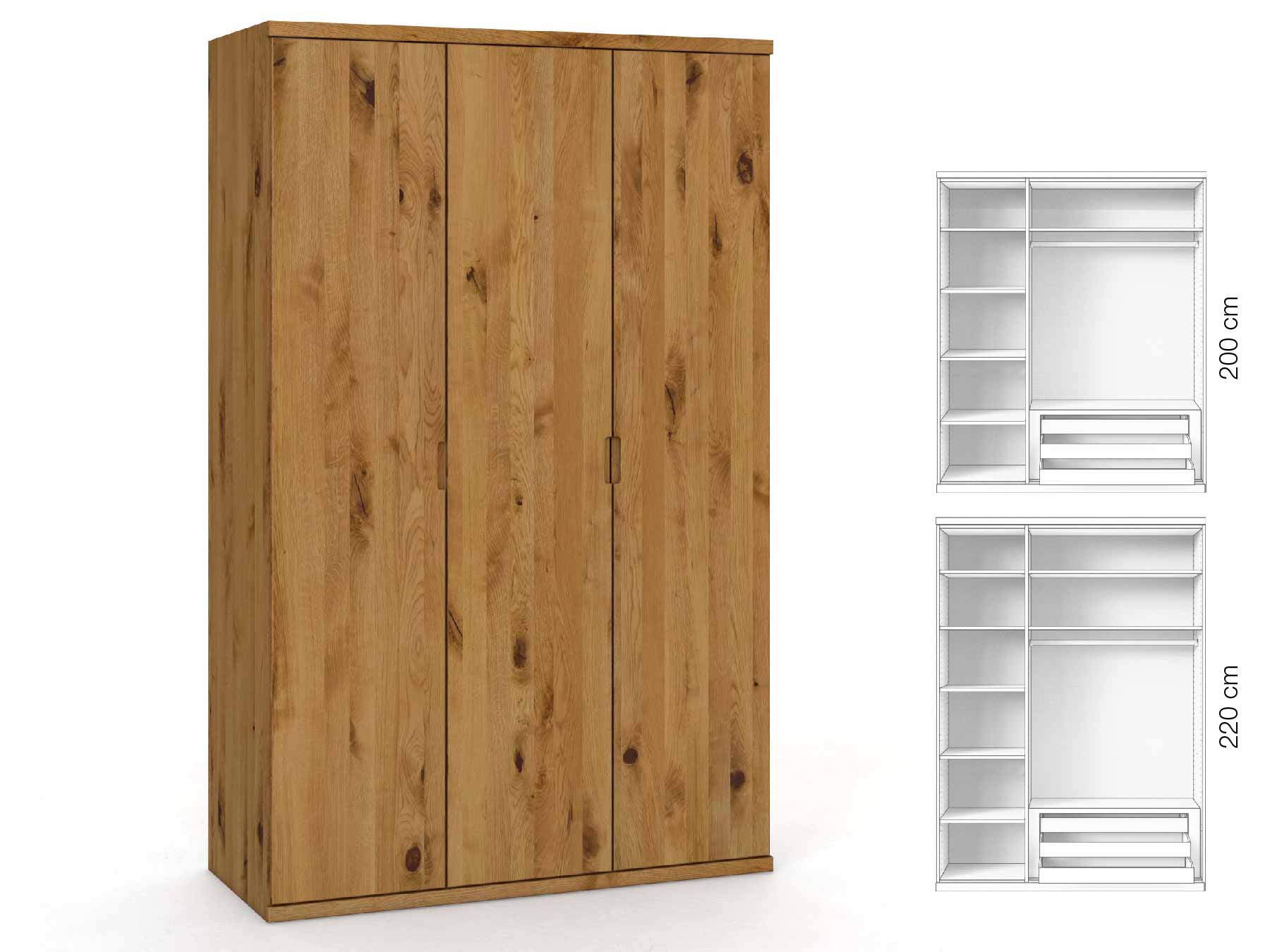 Wildeichenschrank „Romana“, 3-türig, Höhe 220 cm, Griffausführung „Lukas“, Inneneinrichtung: C