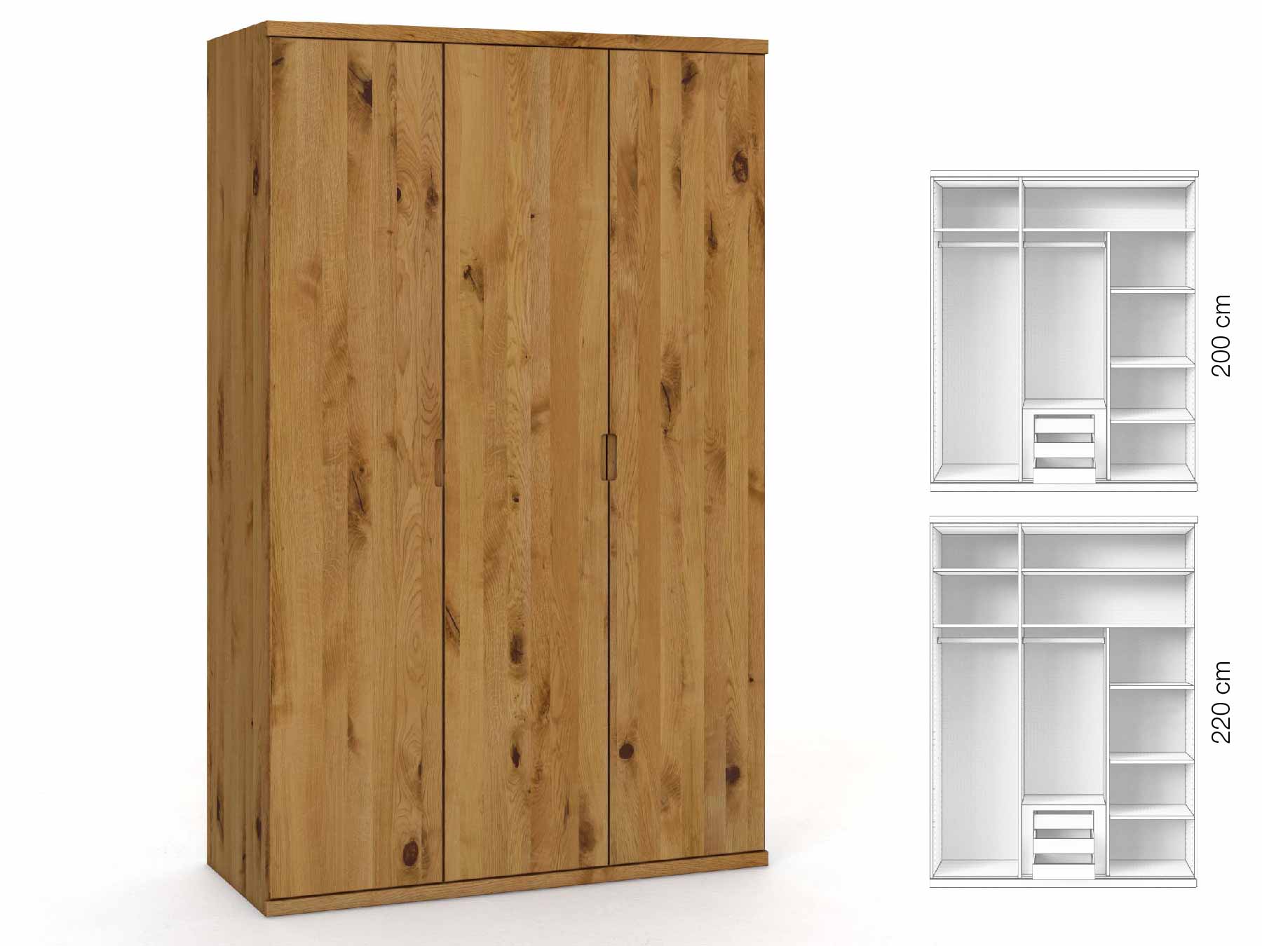 Wildeichenschrank „Romana“, 3-türig, Höhe 220 cm, Griffausführung „Lukas“, Inneneinrichtung: D