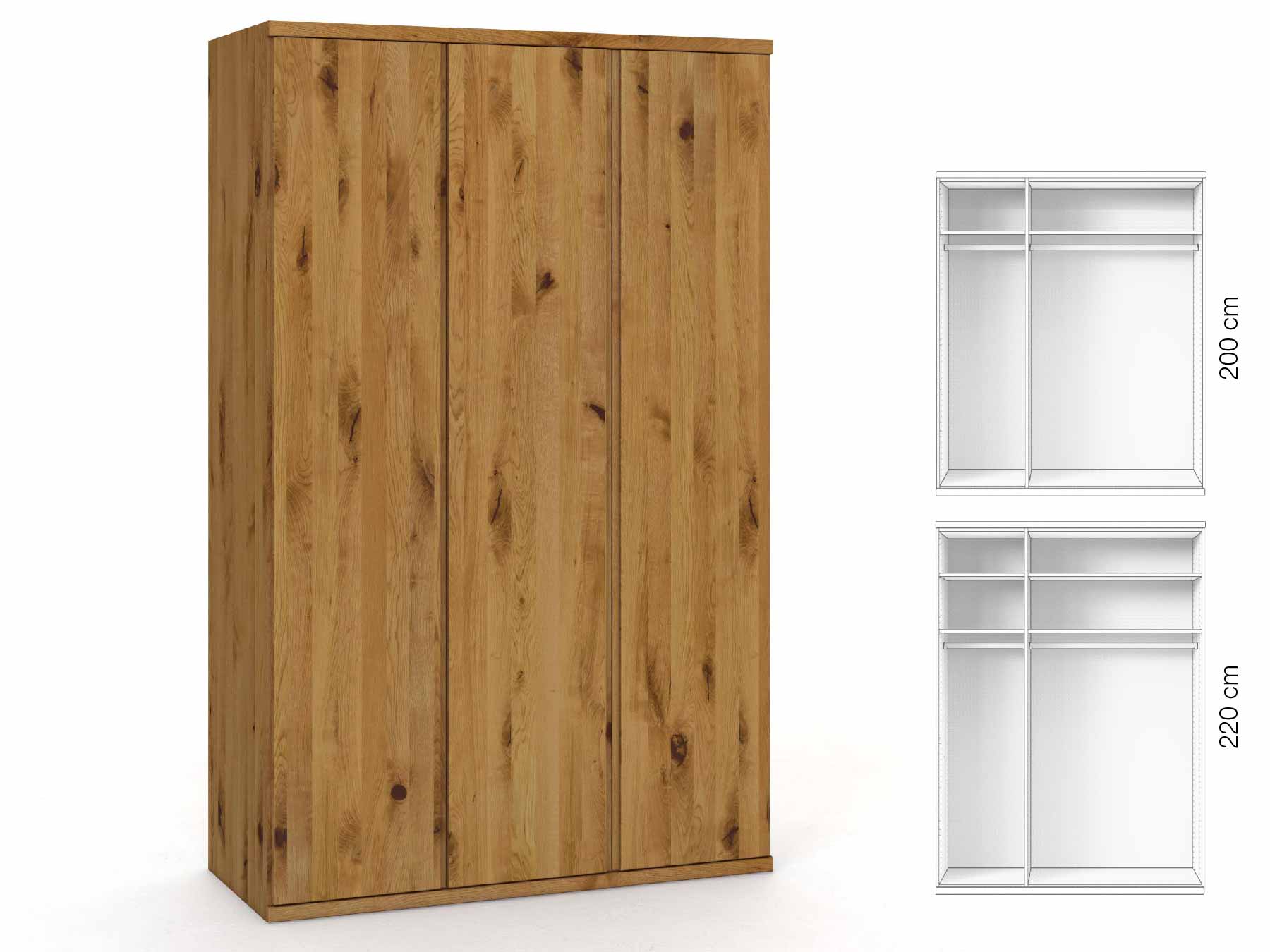 Wildeichenschrank „Romana“, 3-türig, Höhe 220 cm, Griffausführung „Patrizia“, Inneneinrichtung: A