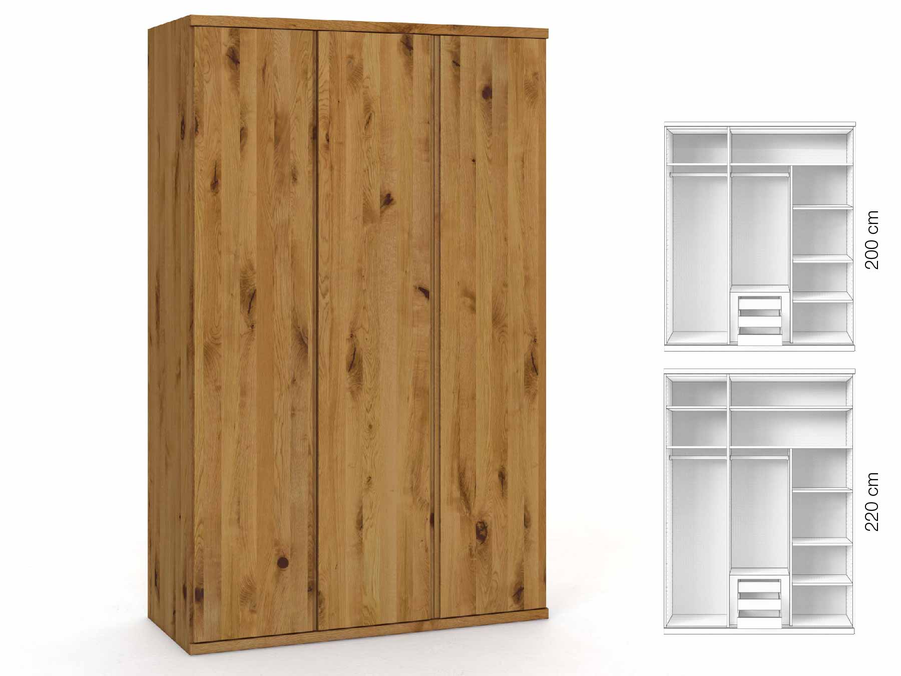 Wildeichenschrank „Romana“, 3-türig, Höhe 220 cm, Griffausführung „Patrizia“, Inneneinrichtung: D