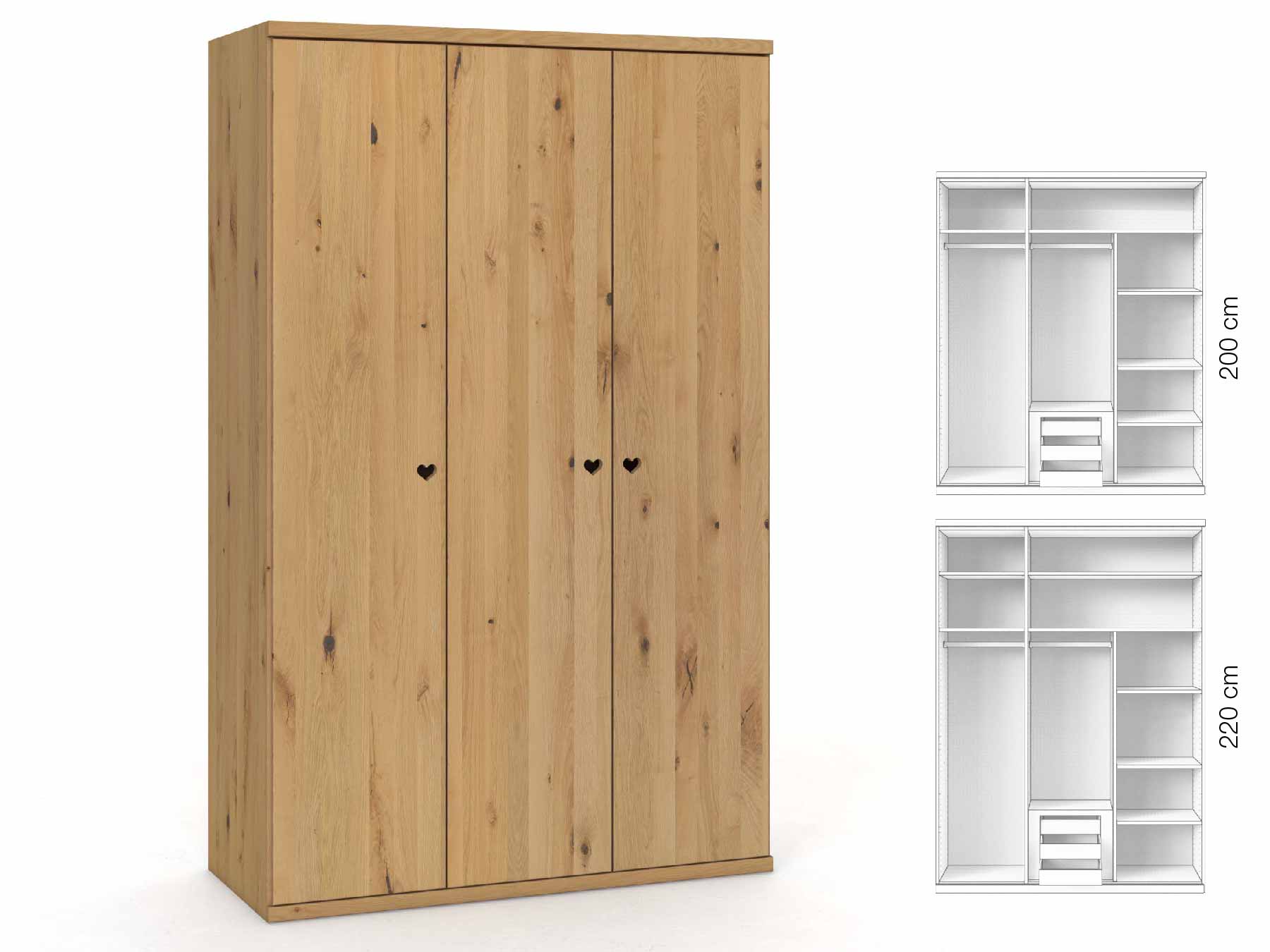 Wildeichenschrank Hell „Romana“, 3-türig, Höhe 220 cm, Griffausführung „Heidi“, Inneneinrichtung: D