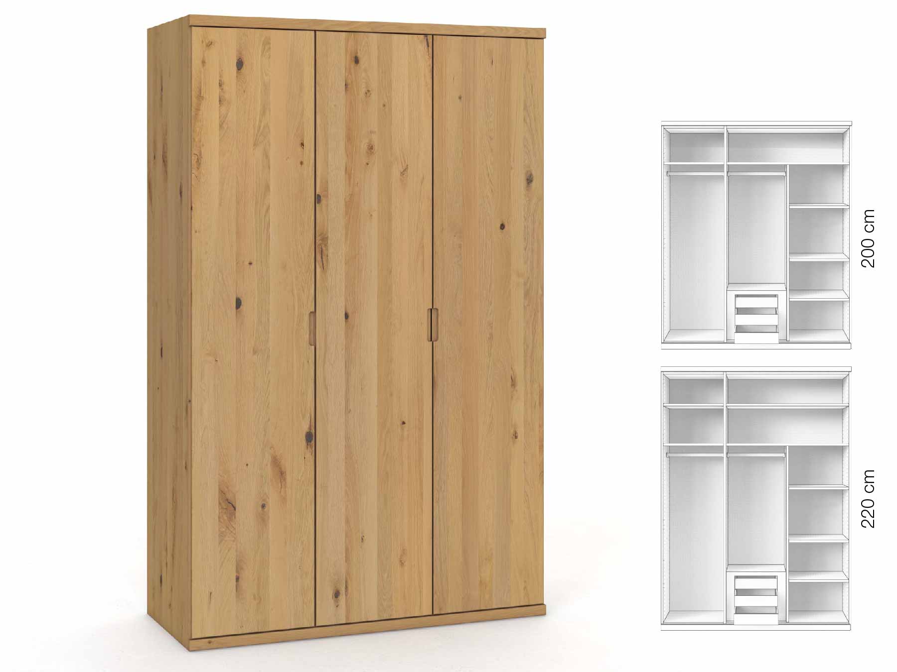 Wildeichenschrank Hell „Romana“, 3-türig, Höhe 220 cm, Griffausführung „Lukas“, Inneneinrichtung: D