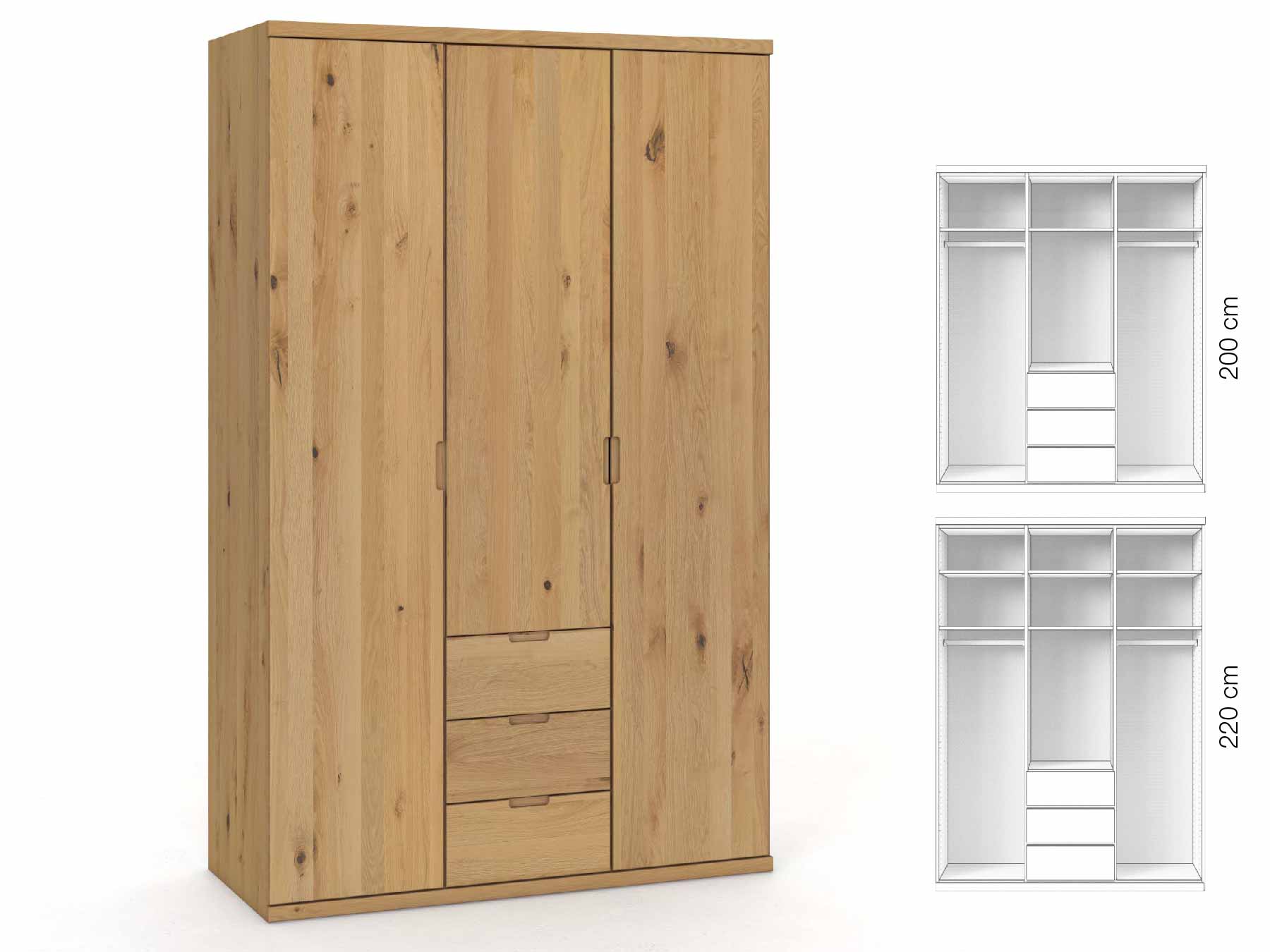 Wildeichenschrank Hell „Romana“, 3-türig, Höhe 220 cm, Griffausführung „Lukas“, Inneneinrichtung: E