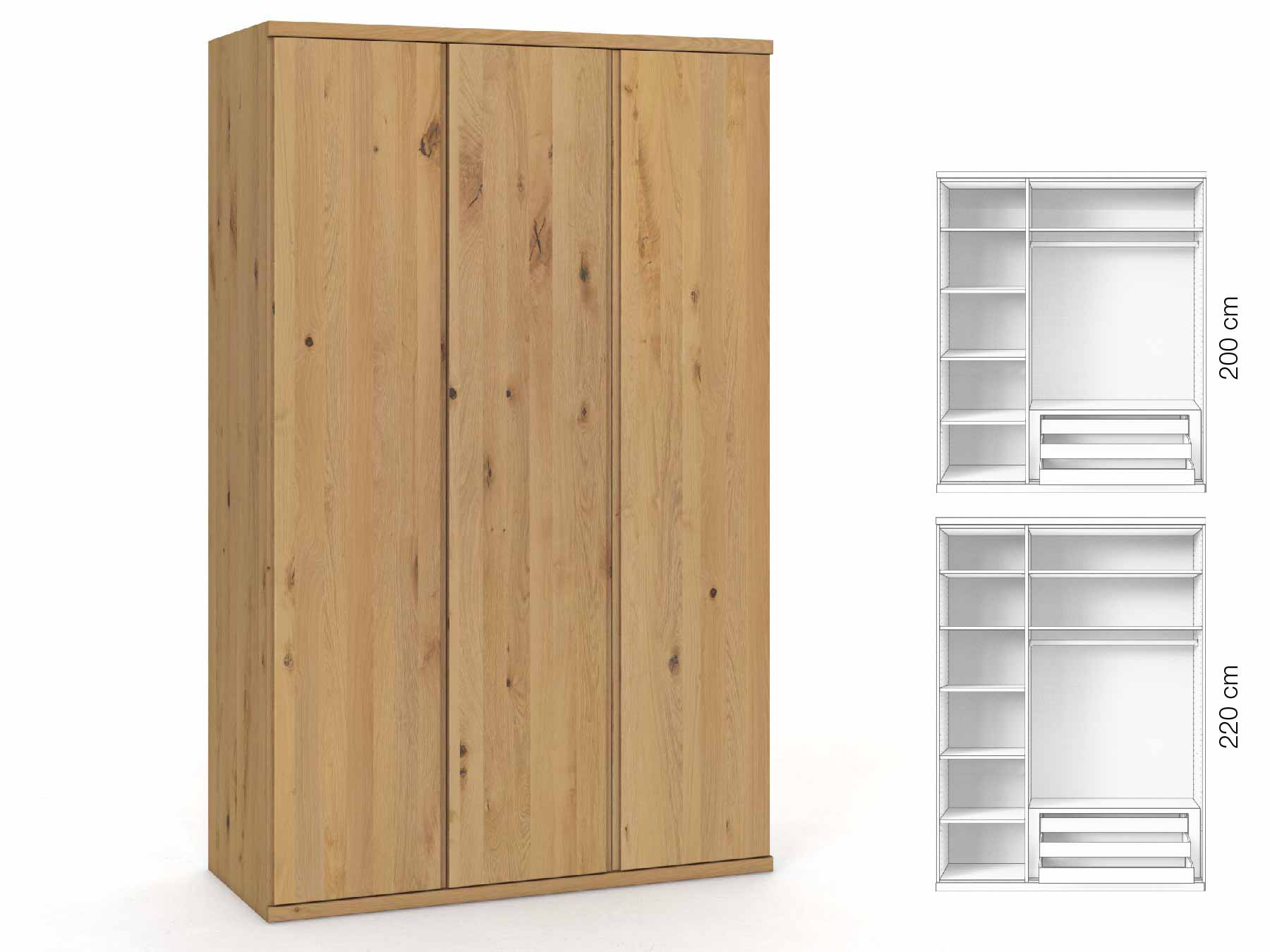 Wildeichenschrank Hell „Romana“, 3-türig, Höhe 220 cm, Griffausführung „Patrizia“, Inneneinrichtung: C