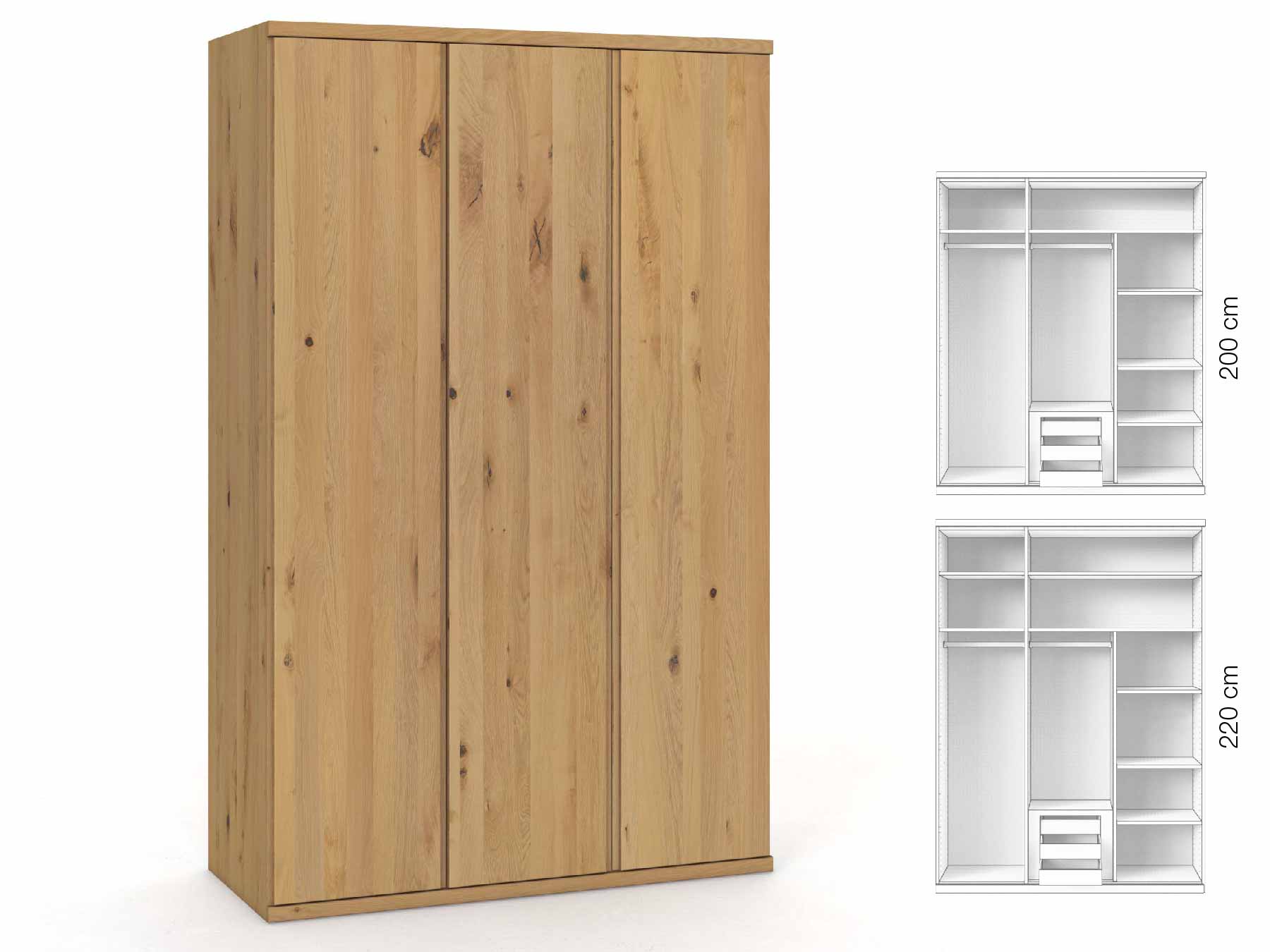 Wildeichenschrank Hell „Romana“, 3-türig, Höhe 220 cm, Griffausführung „Patrizia“, Inneneinrichtung: D