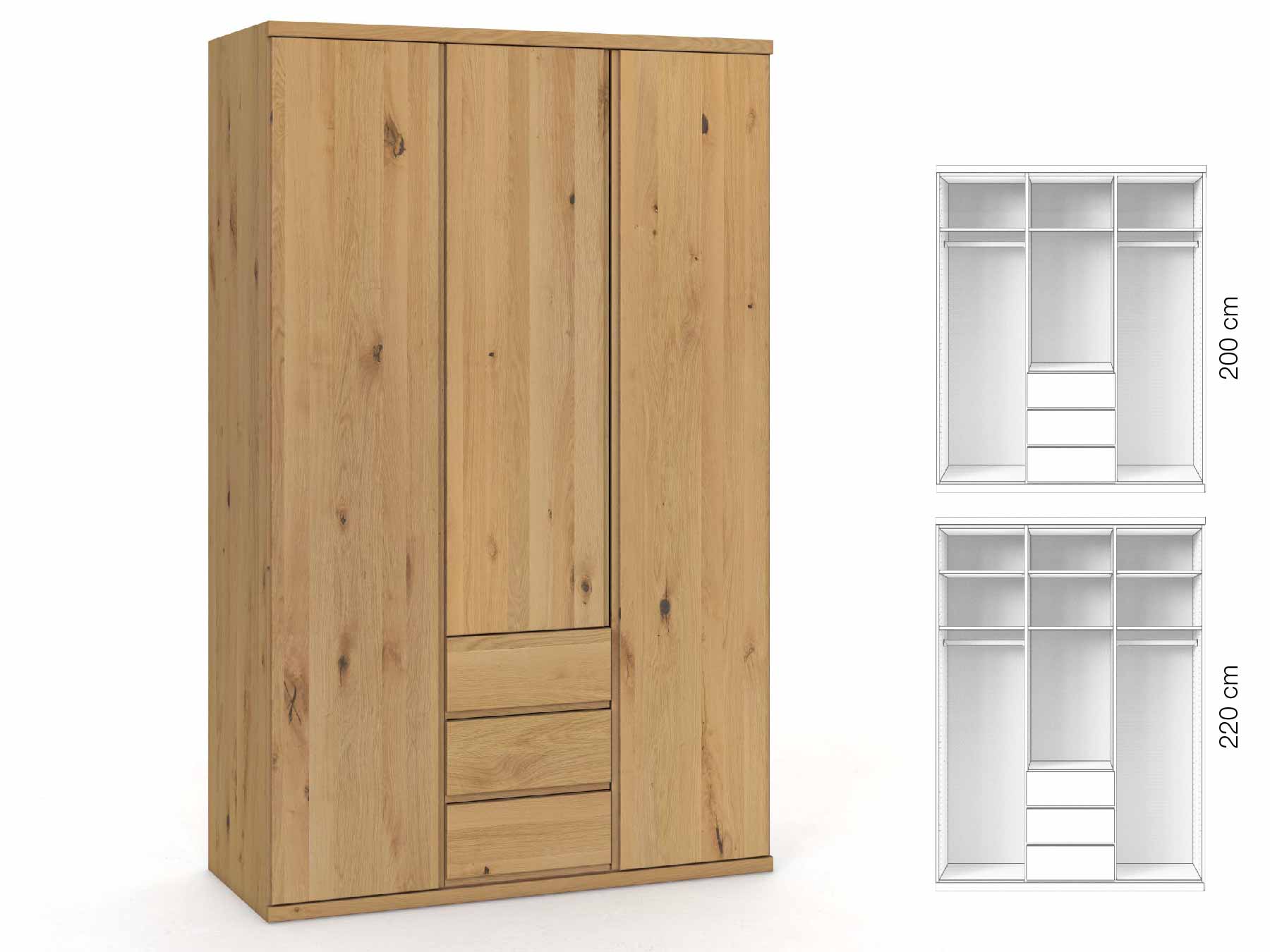 Wildeichenschrank Hell „Romana“, 3-türig, Höhe 220 cm, Griffausführung „Patrizia“, Inneneinrichtung: E
