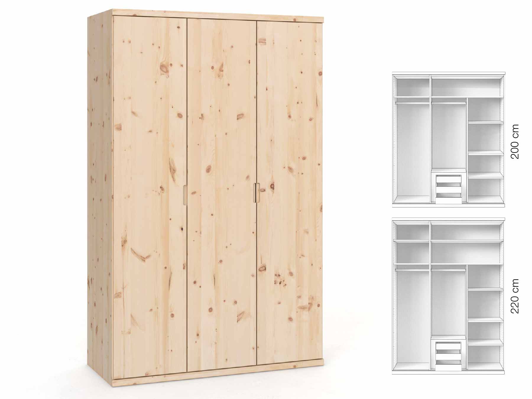 Zirbenschrank „Romana“, 3-türig, Höhe 220 cm, Griffausführung „Lukas“, Inneneinrichtung: D