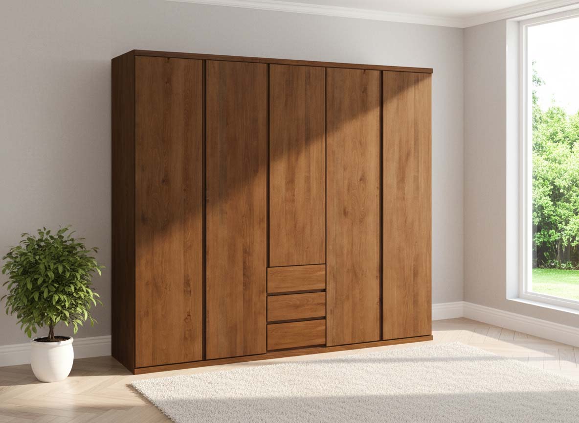 Buchenschrank Dunkel „Romana“, 5-türig, Höhe 220 cm, Griffausführung „Patrizia“, Inneneinrichtung: E