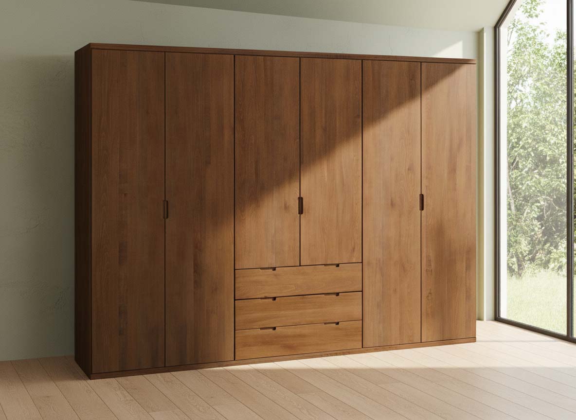 Buchenschrank „Romana“, 6-türig, Höhe 220 cm, Griffausführung „Lukas“, Inneneinrichtung: D