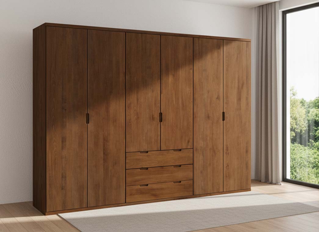 Buchenschrank „Romana“, 6-türig, Höhe 220 cm, Griffausführung „Lukas“, Inneneinrichtung: D