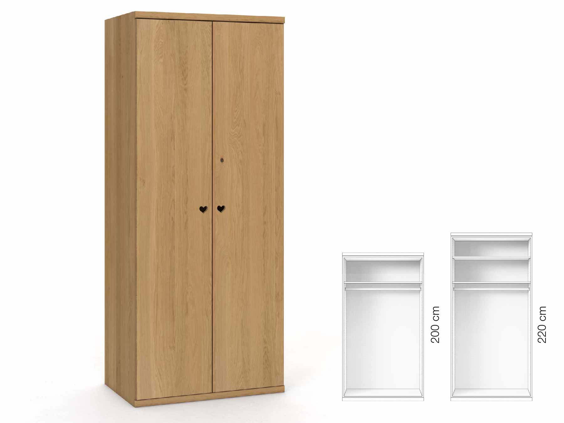 Eichenschrank Hell „Romana“, 2-türig, Höhe 220 cm, Griffausführung „Heidi“, Inneneinrichtung: A