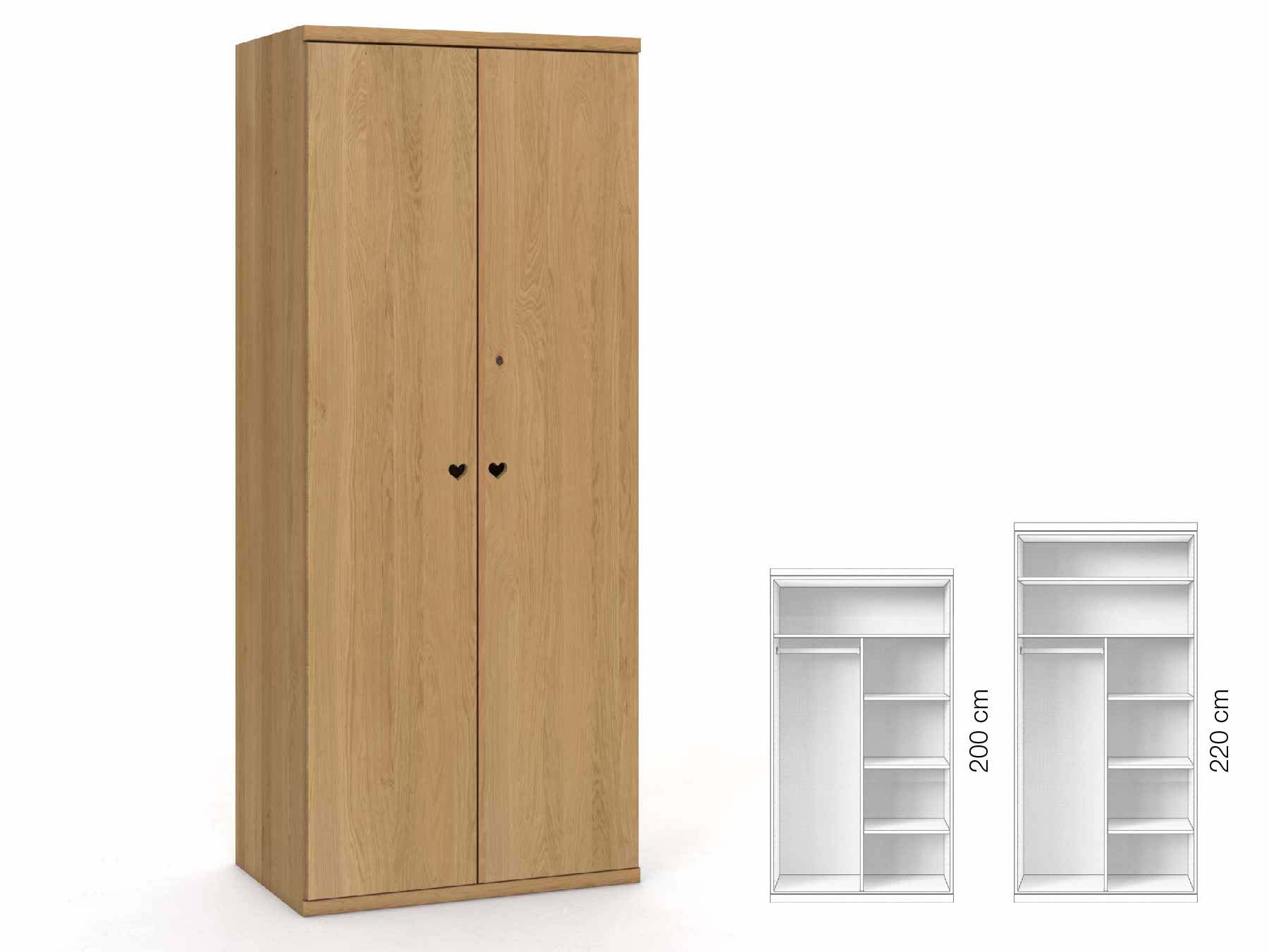 Eichenschrank Hell „Romana“, 2-türig, Höhe 220 cm, Griffausführung „Heidi“, Inneneinrichtung: B