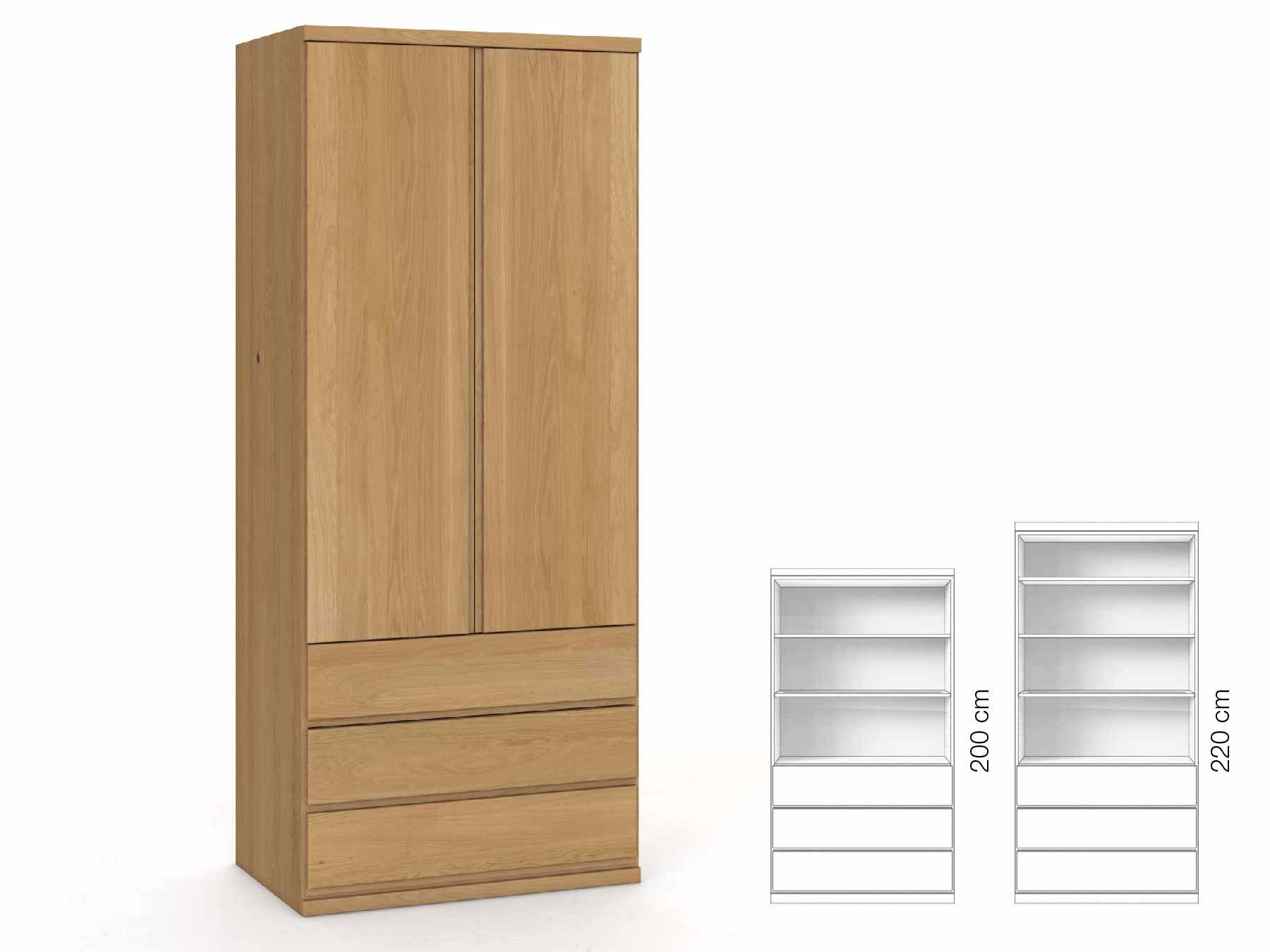 Eichenschrank Hell „Romana“, 2-türig, Höhe 220 cm, Griffausführung „Patrizia“, Inneneinrichtung: E