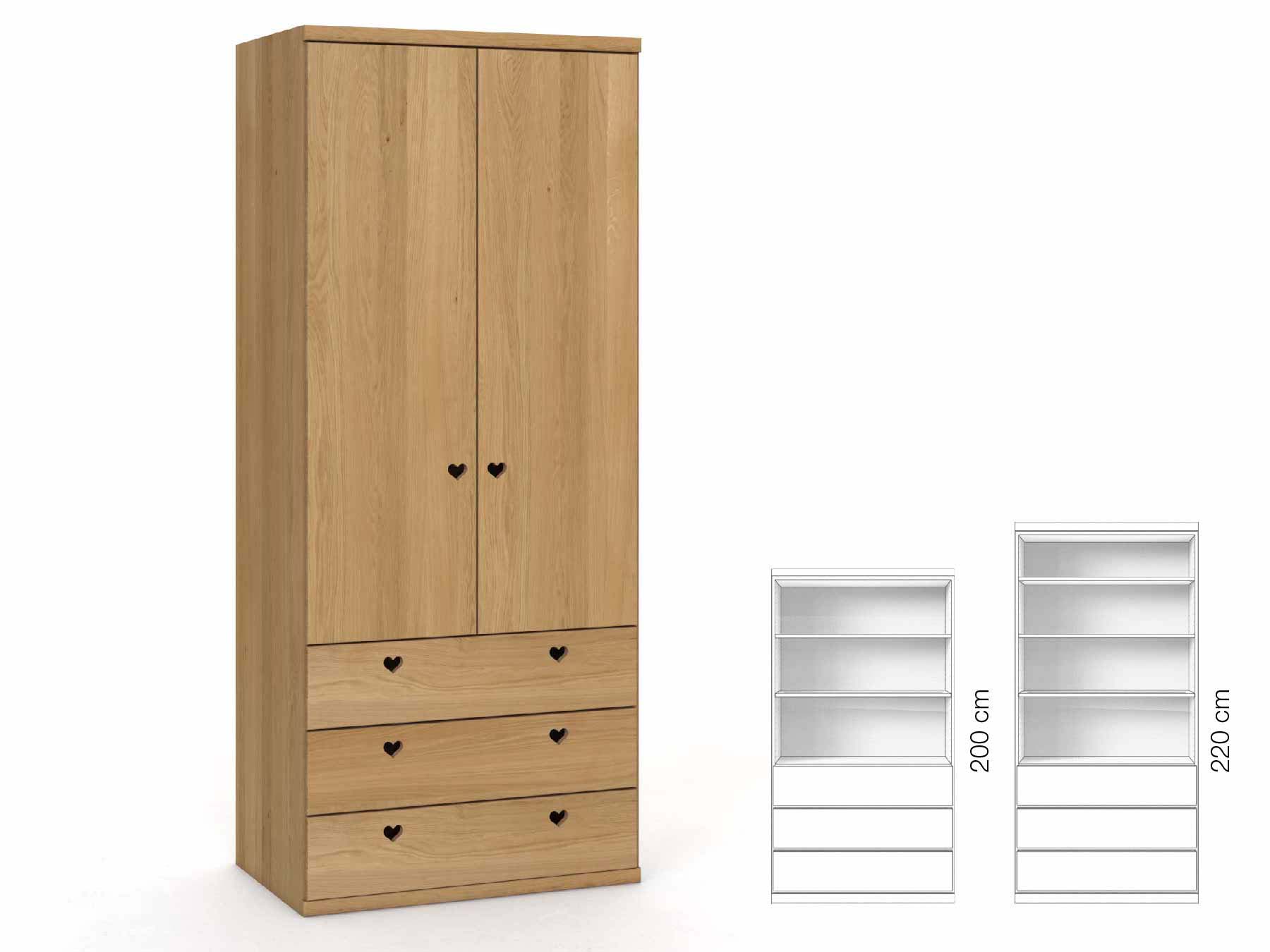 Eichenschrank Hell „Romana“, 2-türig, Höhe 220 cm, Griffausführung „Heidi“, Inneneinrichtung: E