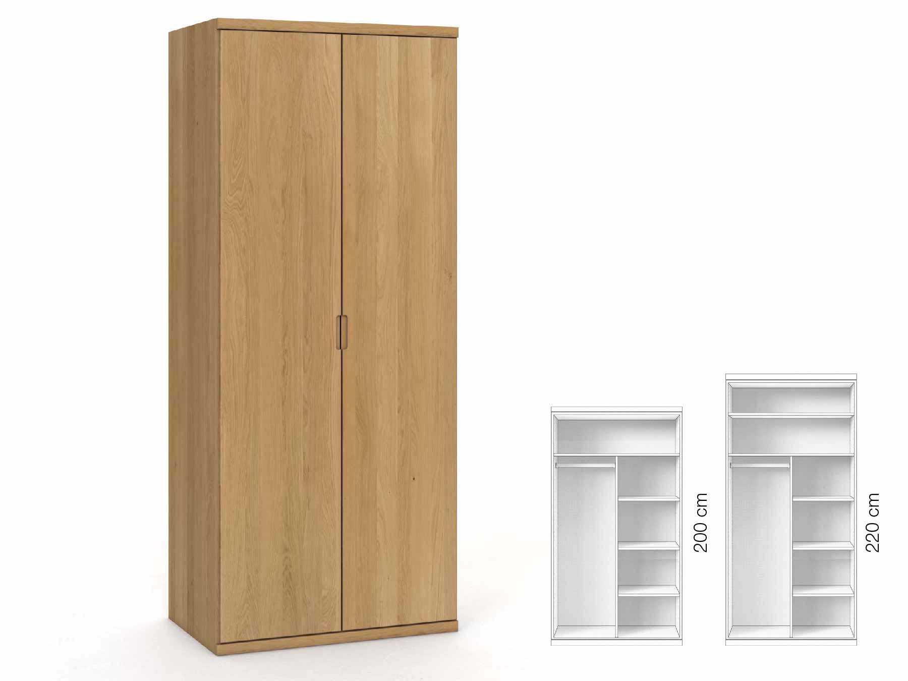 Eichenschrank Hell „Romana“, 2-türig, Höhe 220 cm, Griffausführung „Lukas“, Inneneinrichtung: B