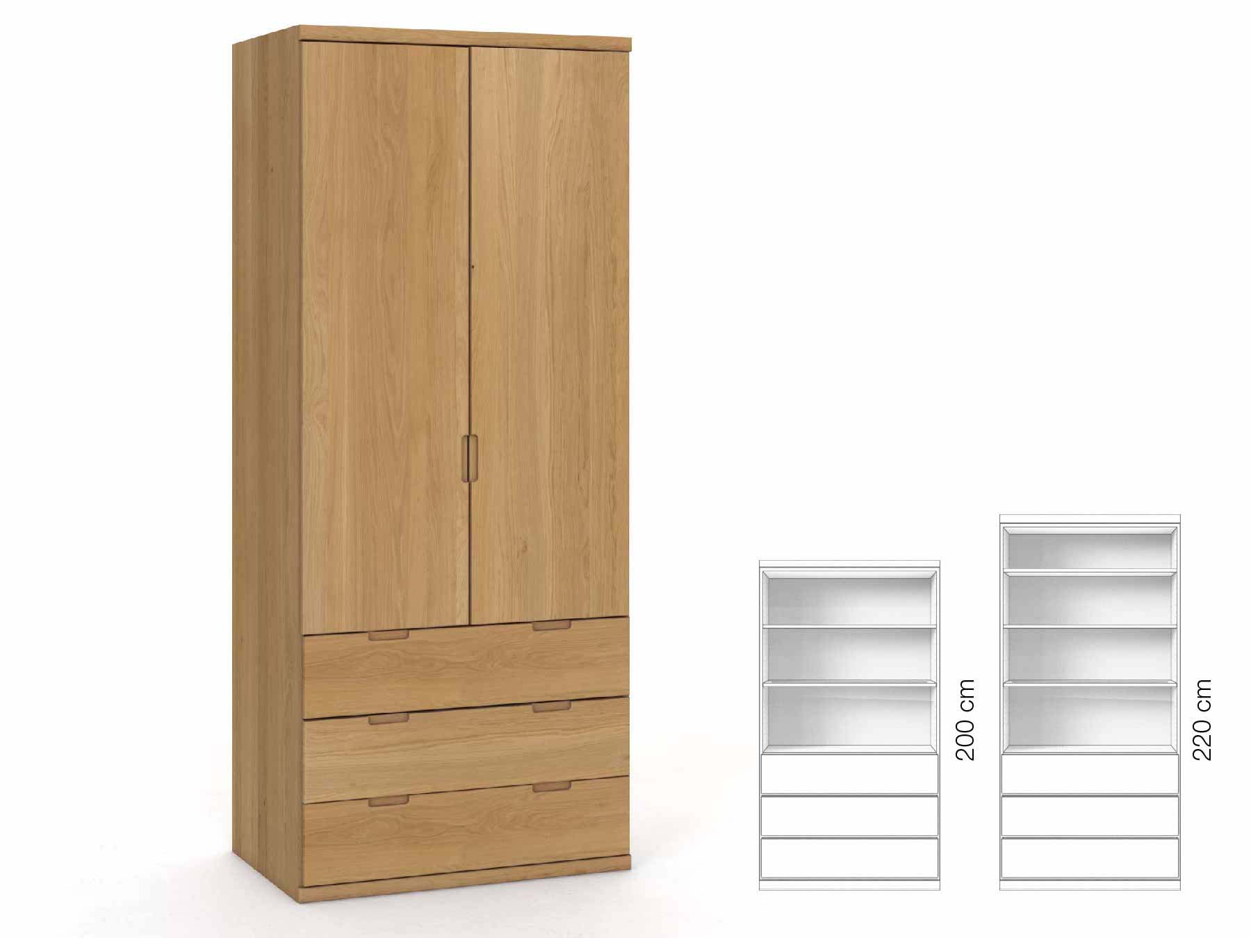 Eichenschrank Hell „Romana“, 2-türig, Höhe 220 cm, Griffausführung „Lukas“, Inneneinrichtung: E