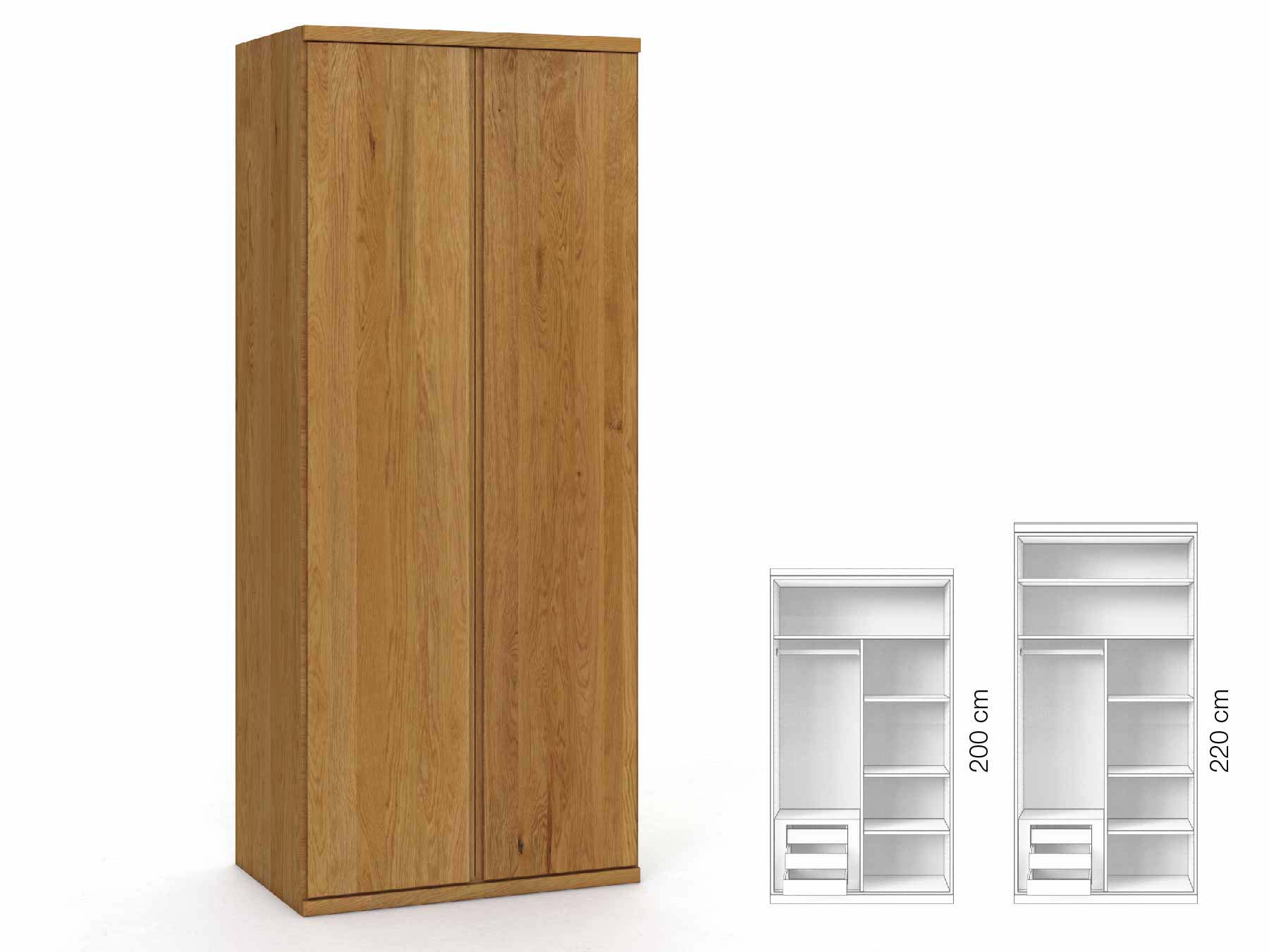 Eichenschrank „Romana“, 2-türig, Höhe 220 cm, Griffausführung „Patrizia“, Inneneinrichtung: C
