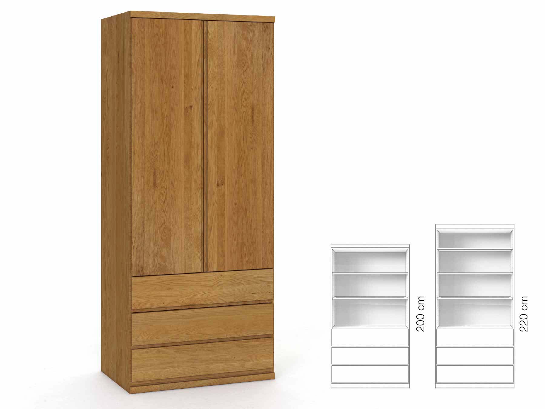 Eichenschrank „Romana“, 2-türig, Höhe 220 cm, Griffausführung „Patrizia“, Inneneinrichtung: E