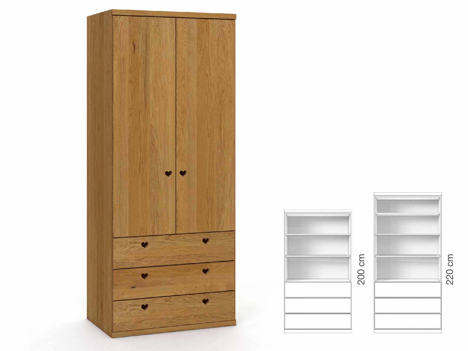 Eichenschrank „Romana“, 2-türig, Höhe 220 cm, Griffausführung „Heidi“, Inneneinrichtung: E