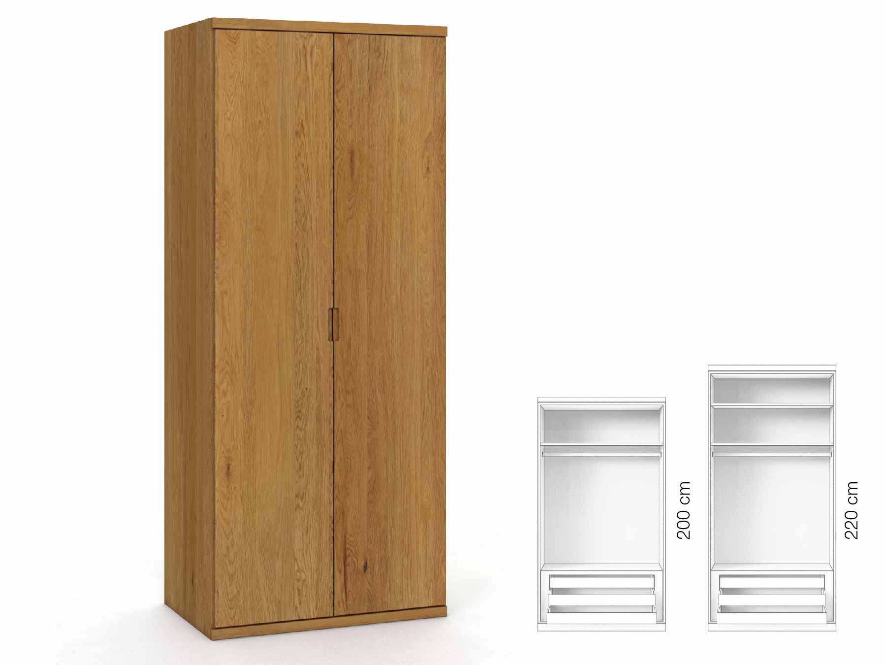 Eichenschrank „Romana“, 2-türig, Höhe 220 cm, Griffausführung „Lukas“, Inneneinrichtung: D