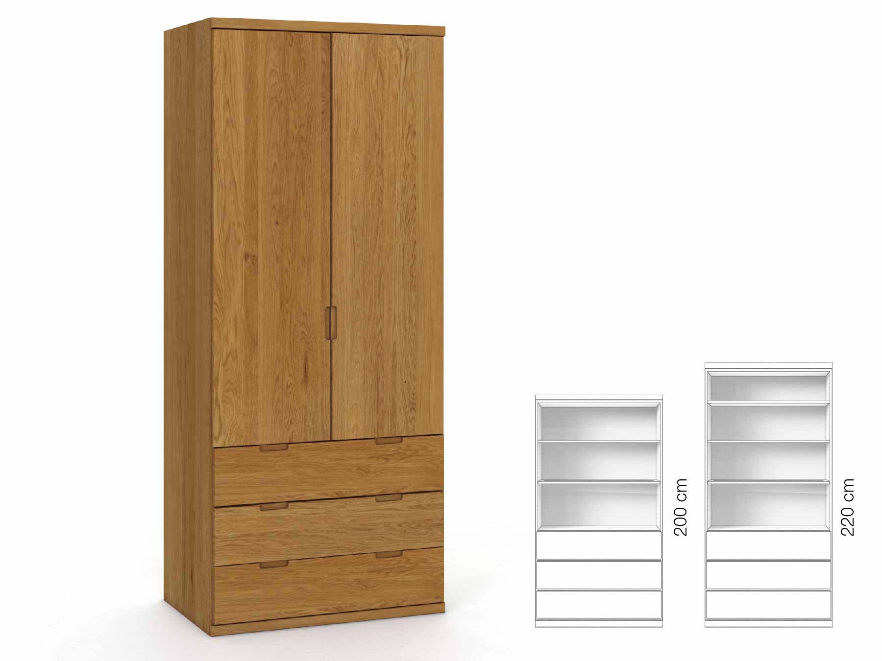 Eichenschrank „Romana“, 2-türig, Höhe 220 cm, Griffausführung „Lukas“, Inneneinrichtung: E
