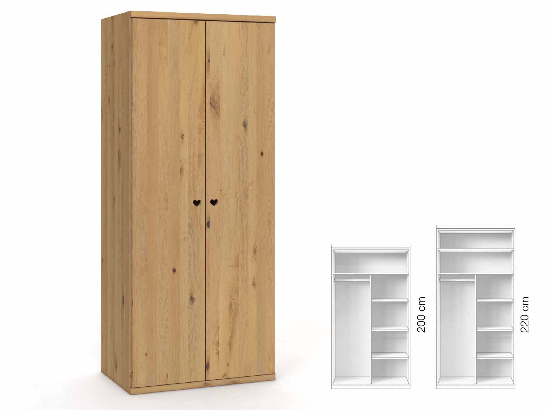 Wildeichenschrank Hell „Romana“, 2-türig, Höhe 220 cm, Griffausführung „Heidi“, Inneneinrichtung: B