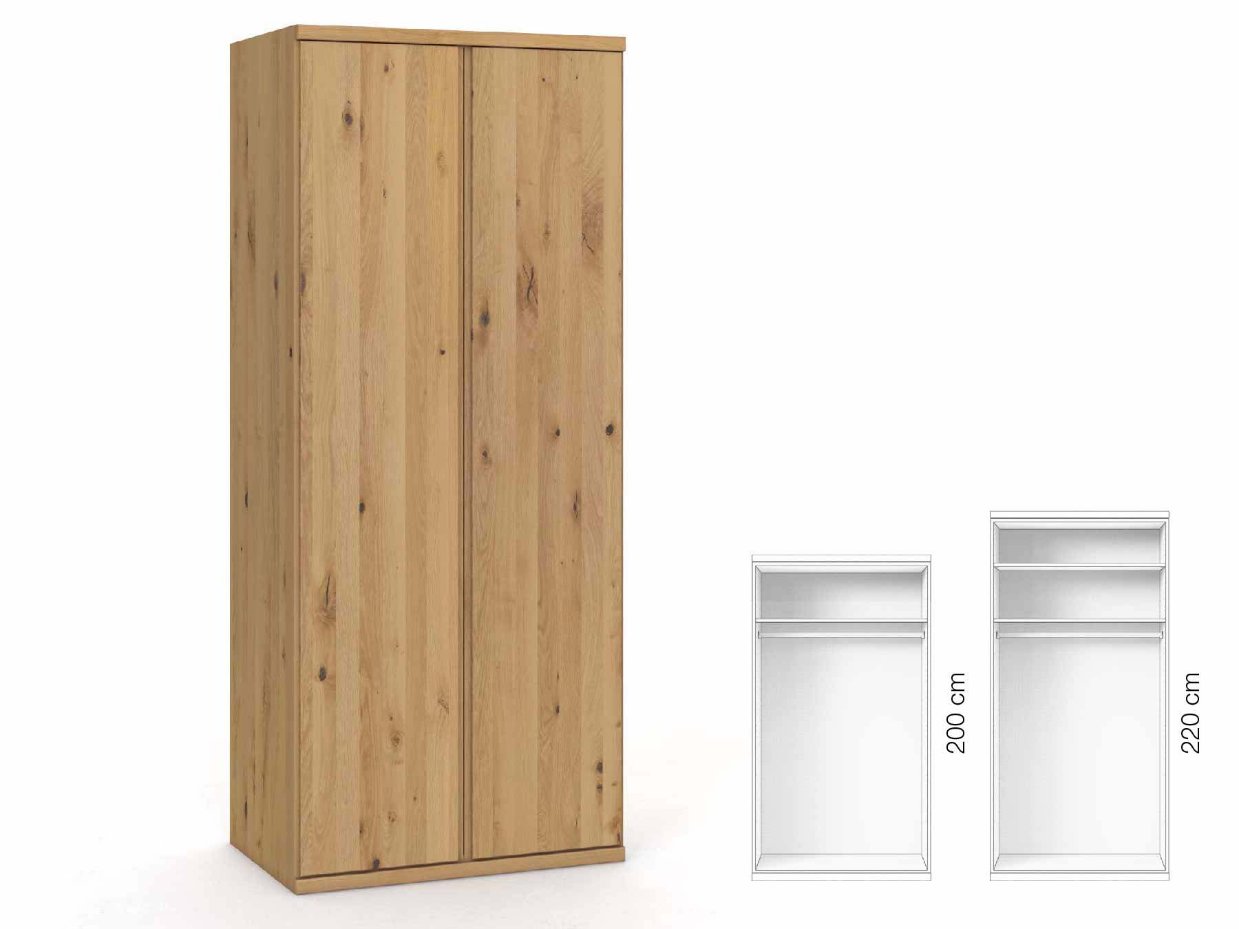 Wildeichenschrank Hell „Romana“, 2-türig, Höhe 220 cm, Griffausführung „Patrizia“, Inneneinrichtung: A