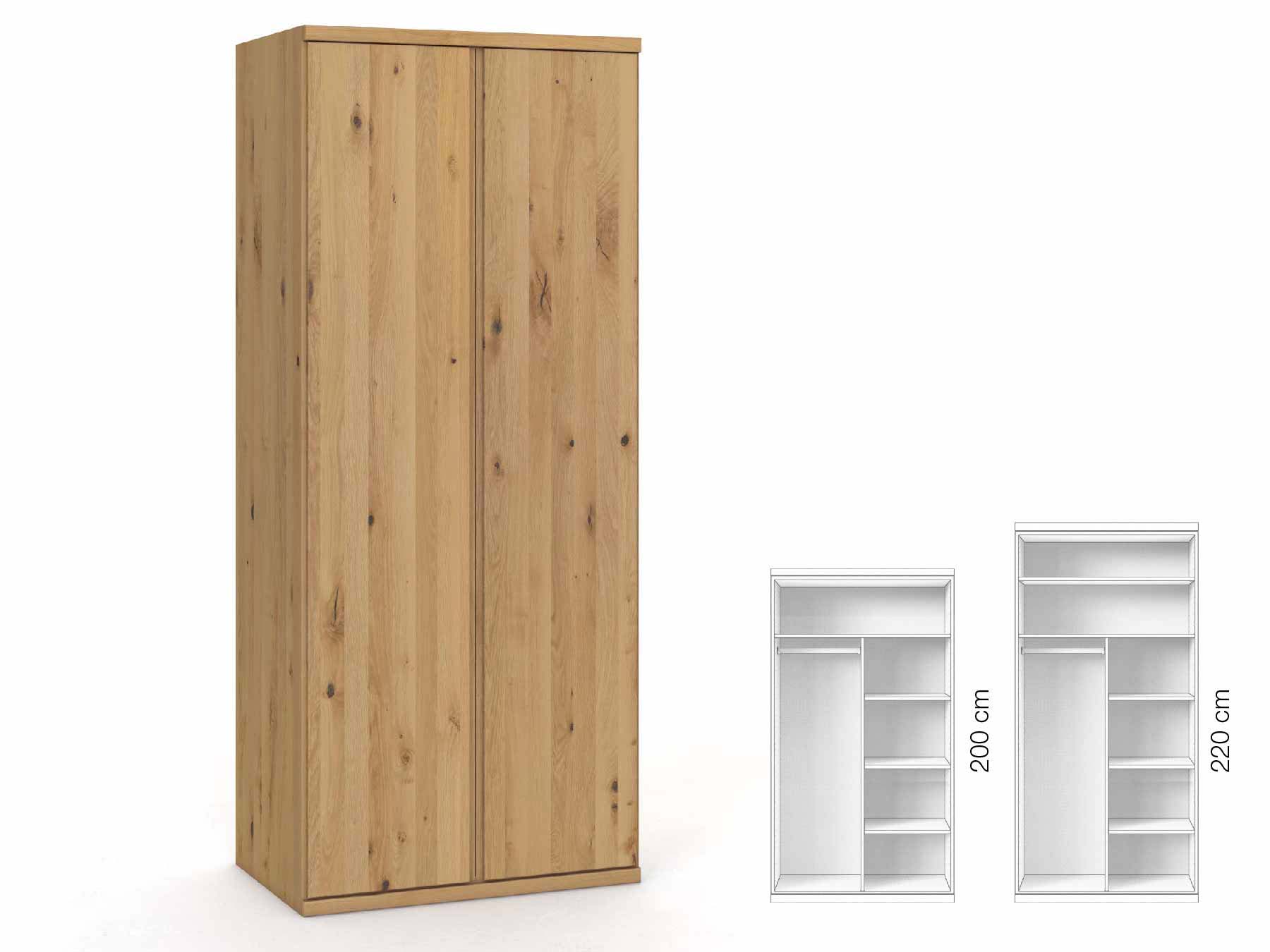 Wildeichenschrank Hell „Romana“, 2-türig, Höhe 220 cm, Griffausführung „Patrizia“, Inneneinrichtung: B