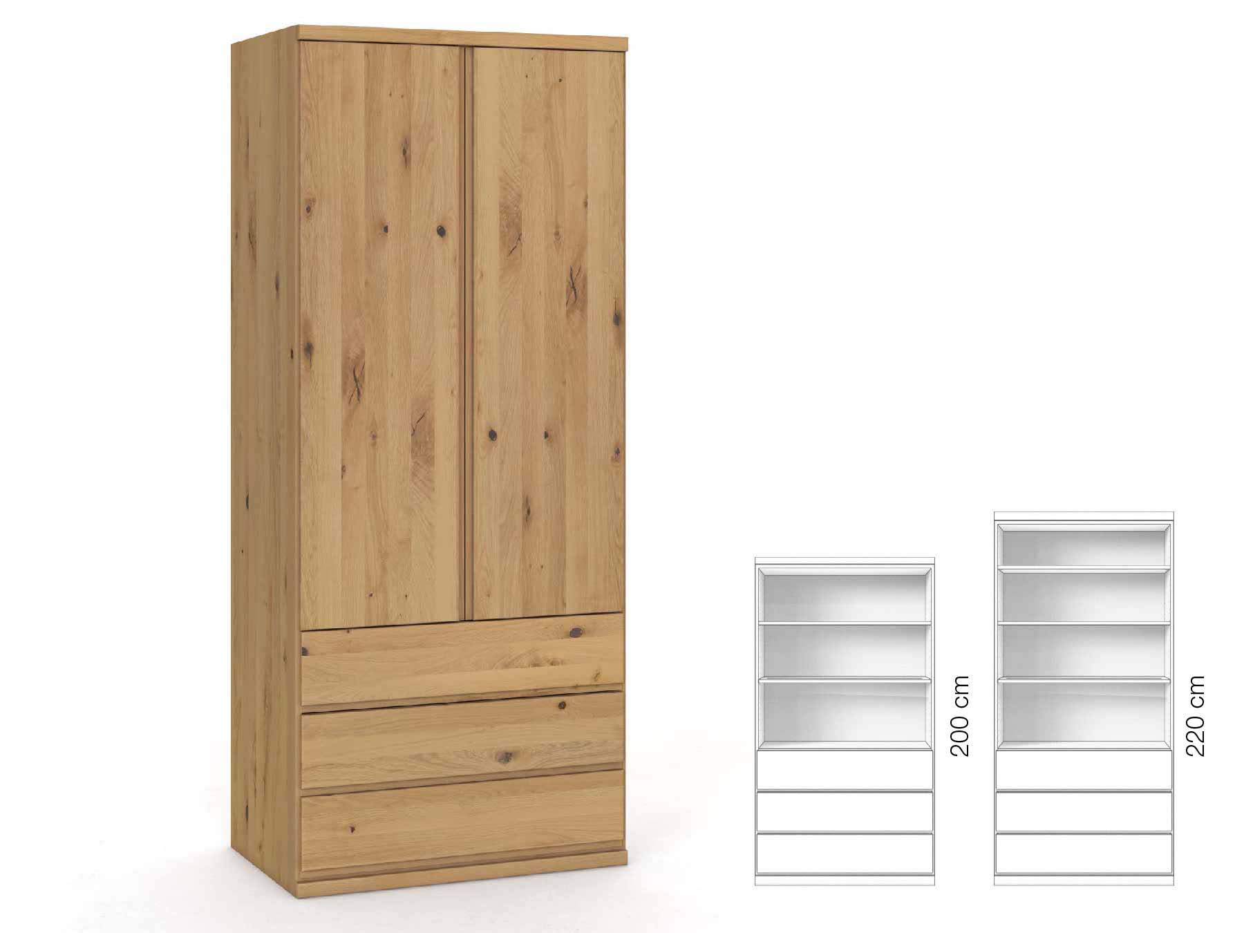 Wildeichenschrank Hell „Romana“, 2-türig, Höhe 220 cm, Griffausführung „Patrizia“, Inneneinrichtung: E