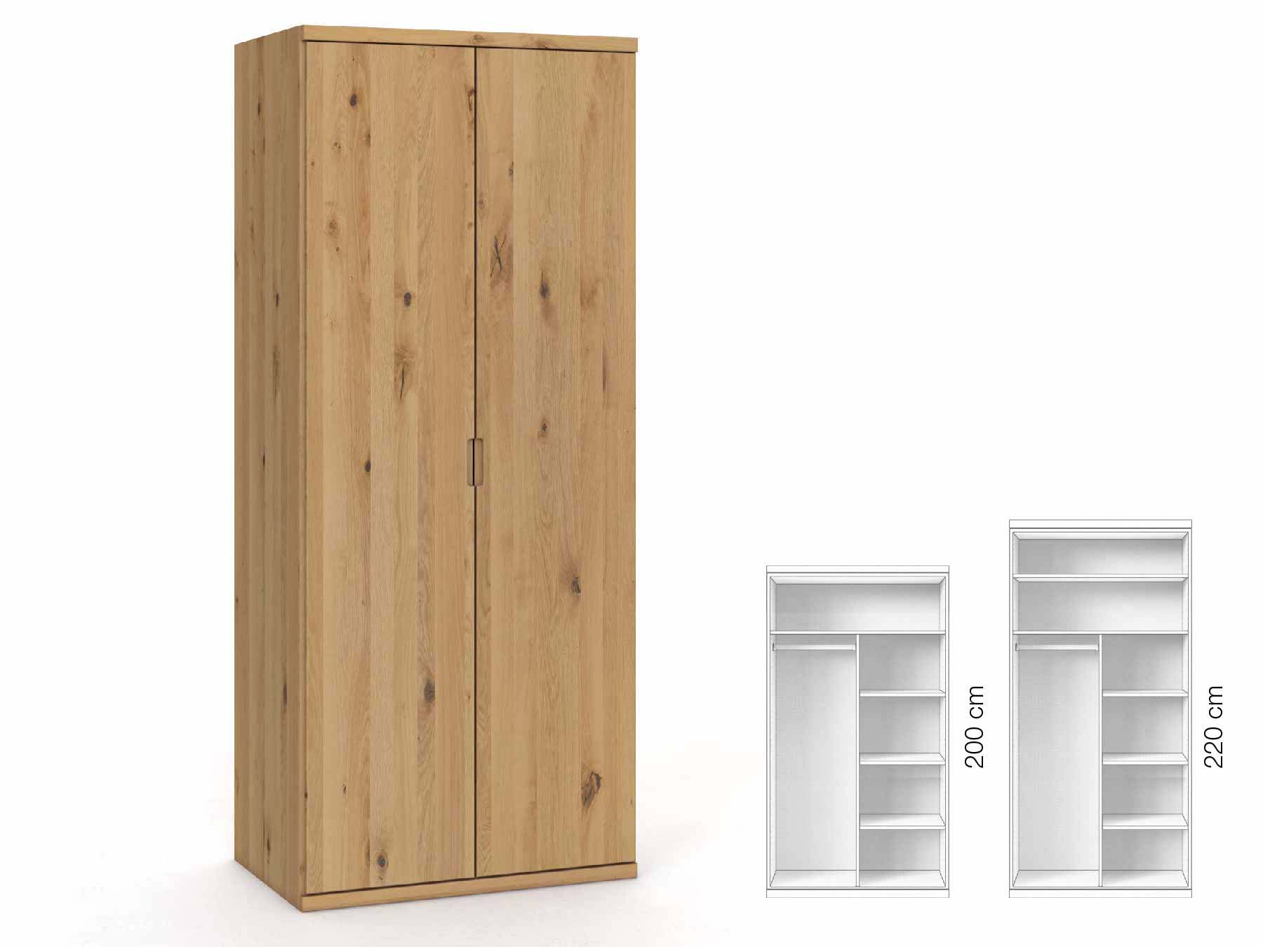 Wildeichenschrank Hell „Romana“, 2-türig, Höhe 220 cm, Griffausführung „Lukas“, Inneneinrichtung: B