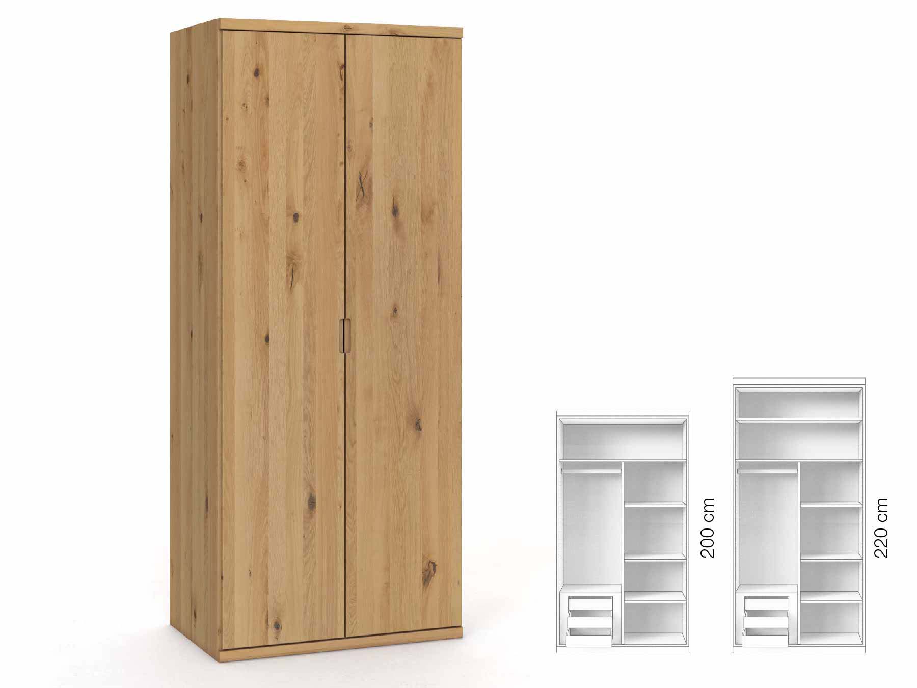 Wildeichenschrank Hell „Romana“, 2-türig, Höhe 220 cm, Griffausführung „Lukas“, Inneneinrichtung: C