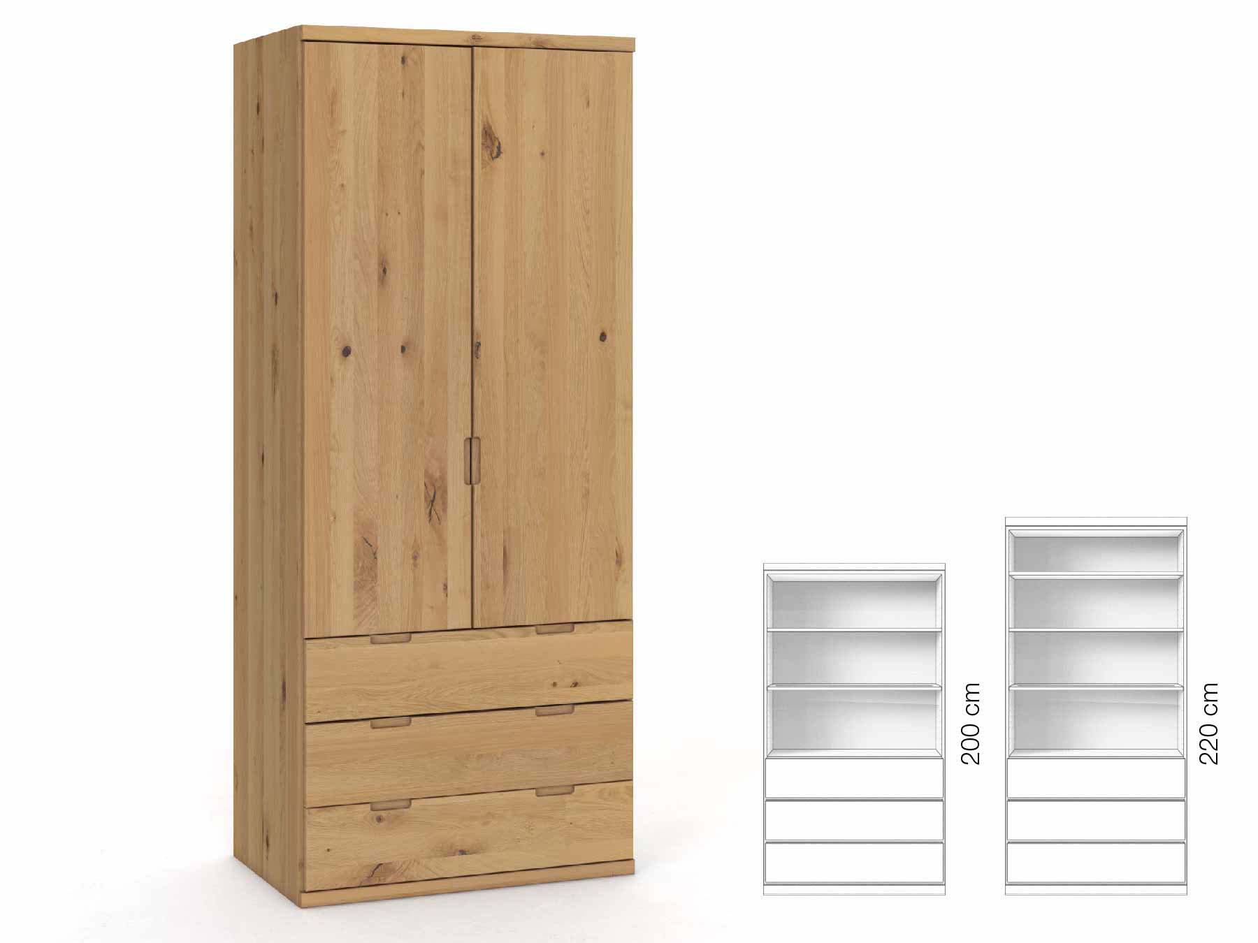 Wildeichenschrank Hell „Romana“, 2-türig, Höhe 220 cm, Griffausführung „Lukas“, Inneneinrichtung: E