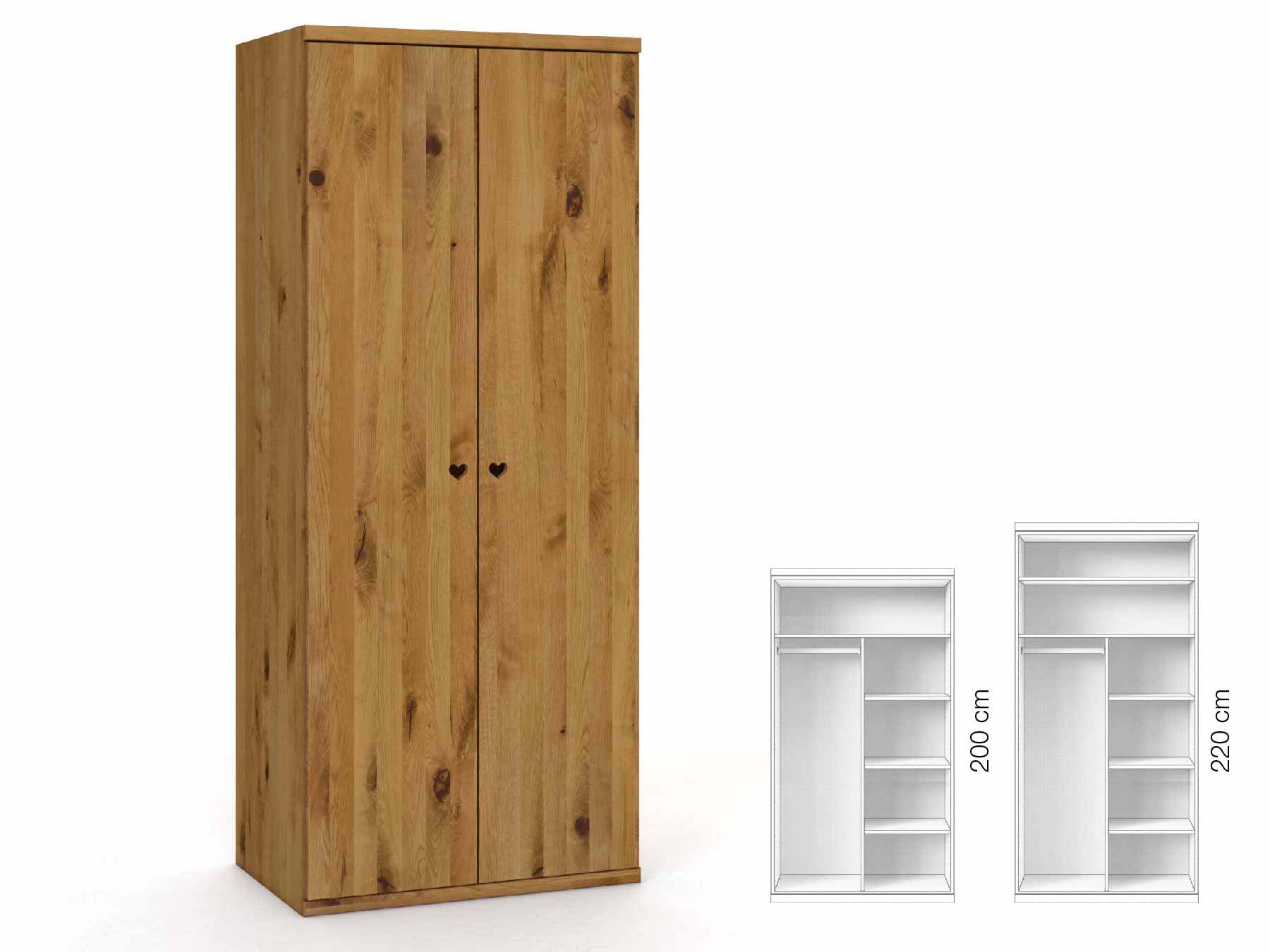 Wildeichenschrank „Romana“, 2-türig, Höhe 220 cm, Griffausführung „Heidi“, Inneneinrichtung: B