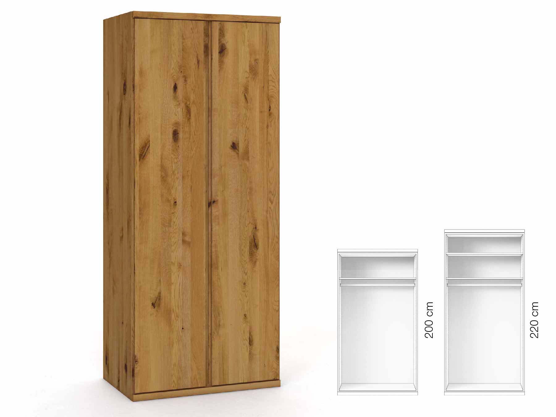 Wildeichenschrank „Romana“, 2-türig, Höhe 220 cm, Griffausführung „Patrizia“, Inneneinrichtung: A