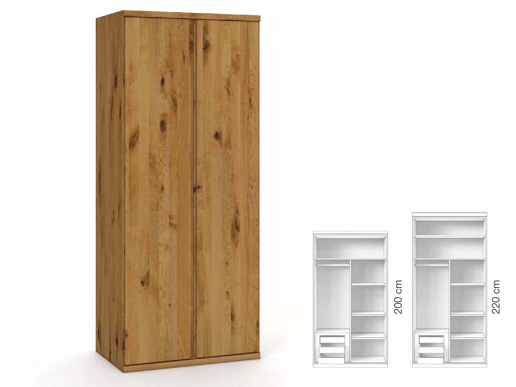 Wildeichenschrank „Romana“, 2-türig, Höhe 220 cm, Griffausführung „Patrizia“, Inneneinrichtung: C