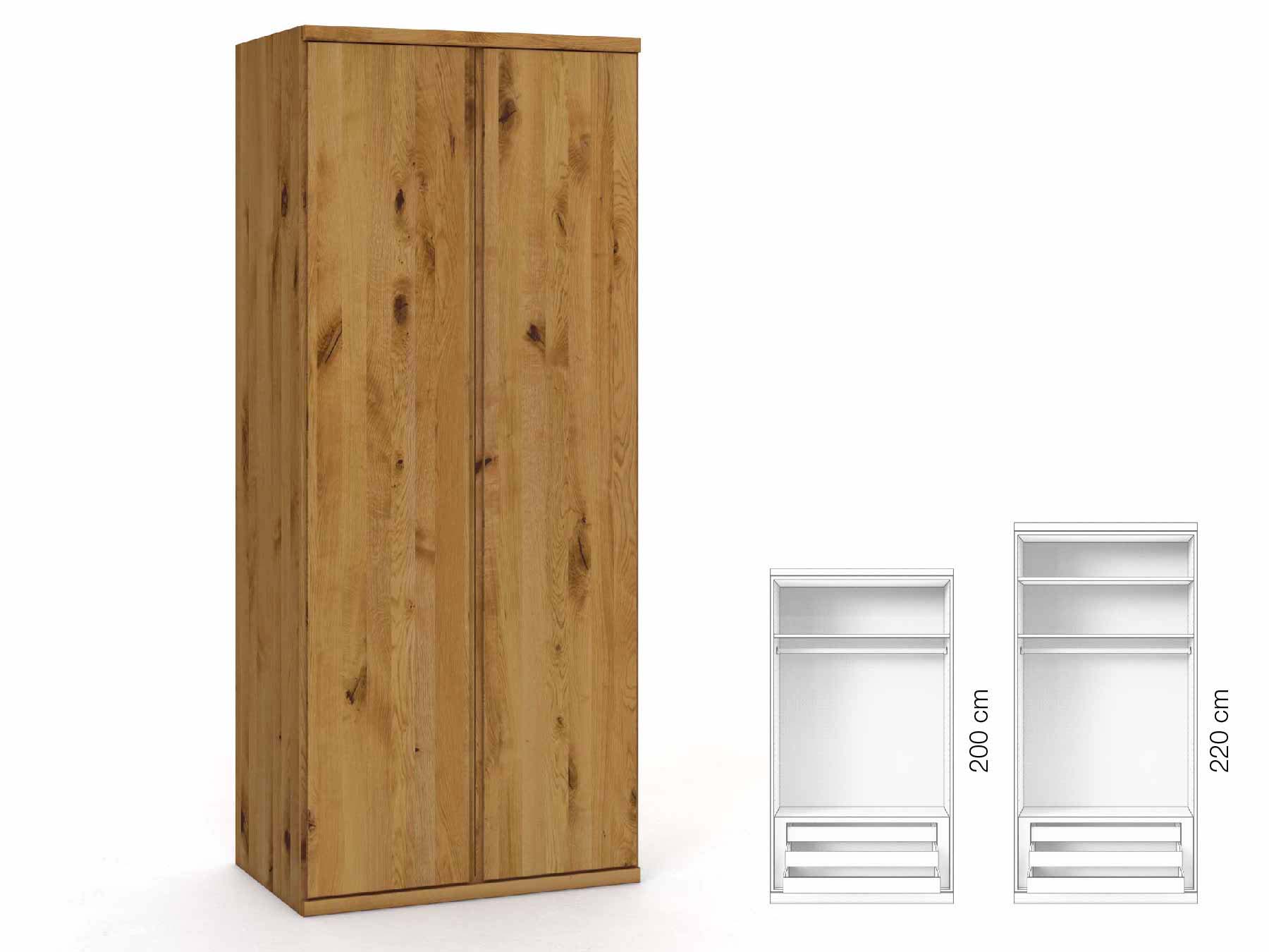 Wildeichenschrank „Romana“, 2-türig, Höhe 220 cm, Griffausführung „Patrizia“, Inneneinrichtung: D