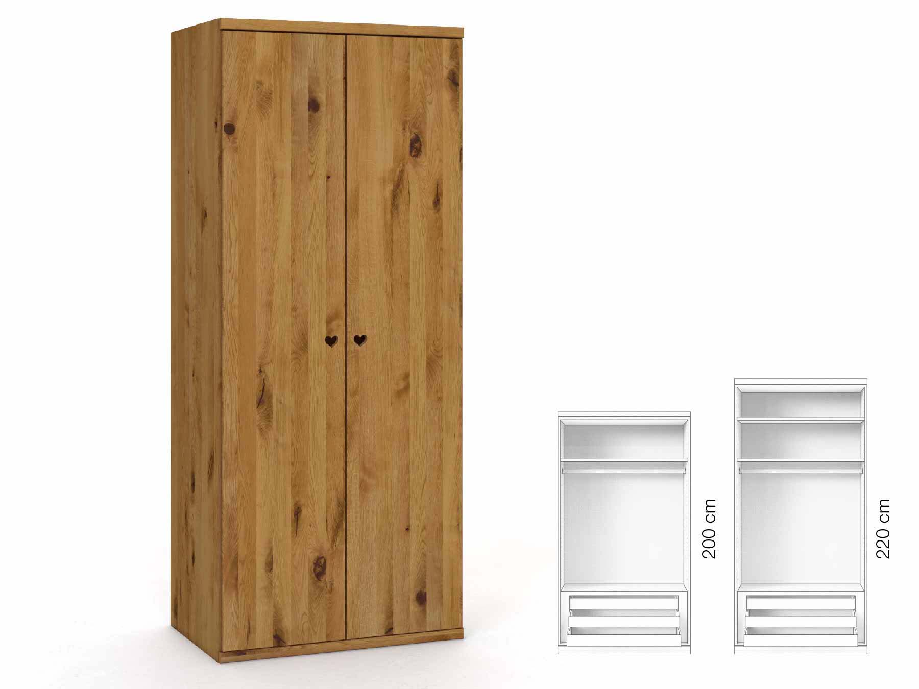 Wildeichenschrank „Romana“, 2-türig, Höhe 220 cm, Griffausführung „Heidi“, Inneneinrichtung: D