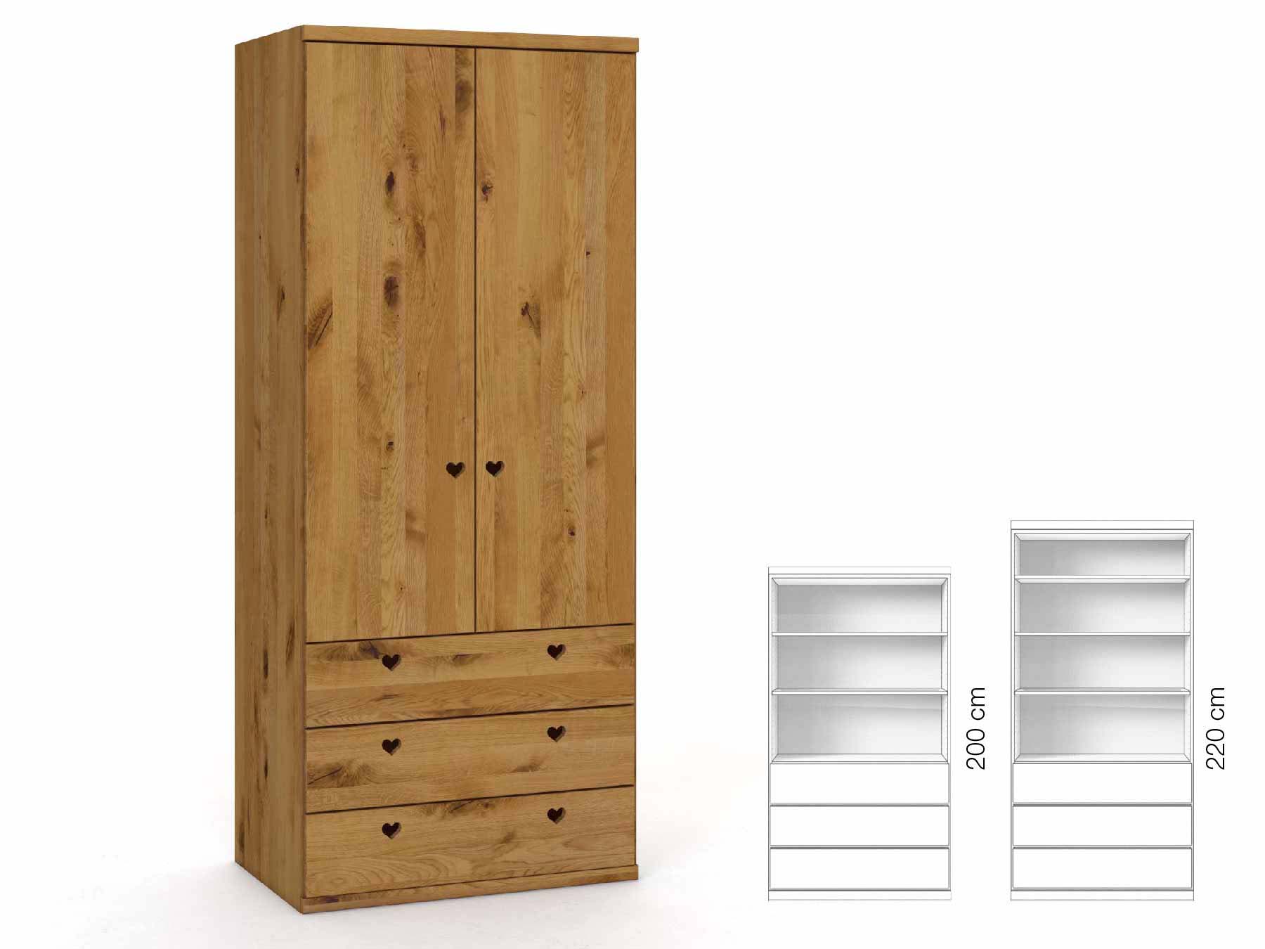 Wildeichenschrank „Romana“, 2-türig, Höhe 220 cm, Griffausführung „Heidi“, Inneneinrichtung: E
