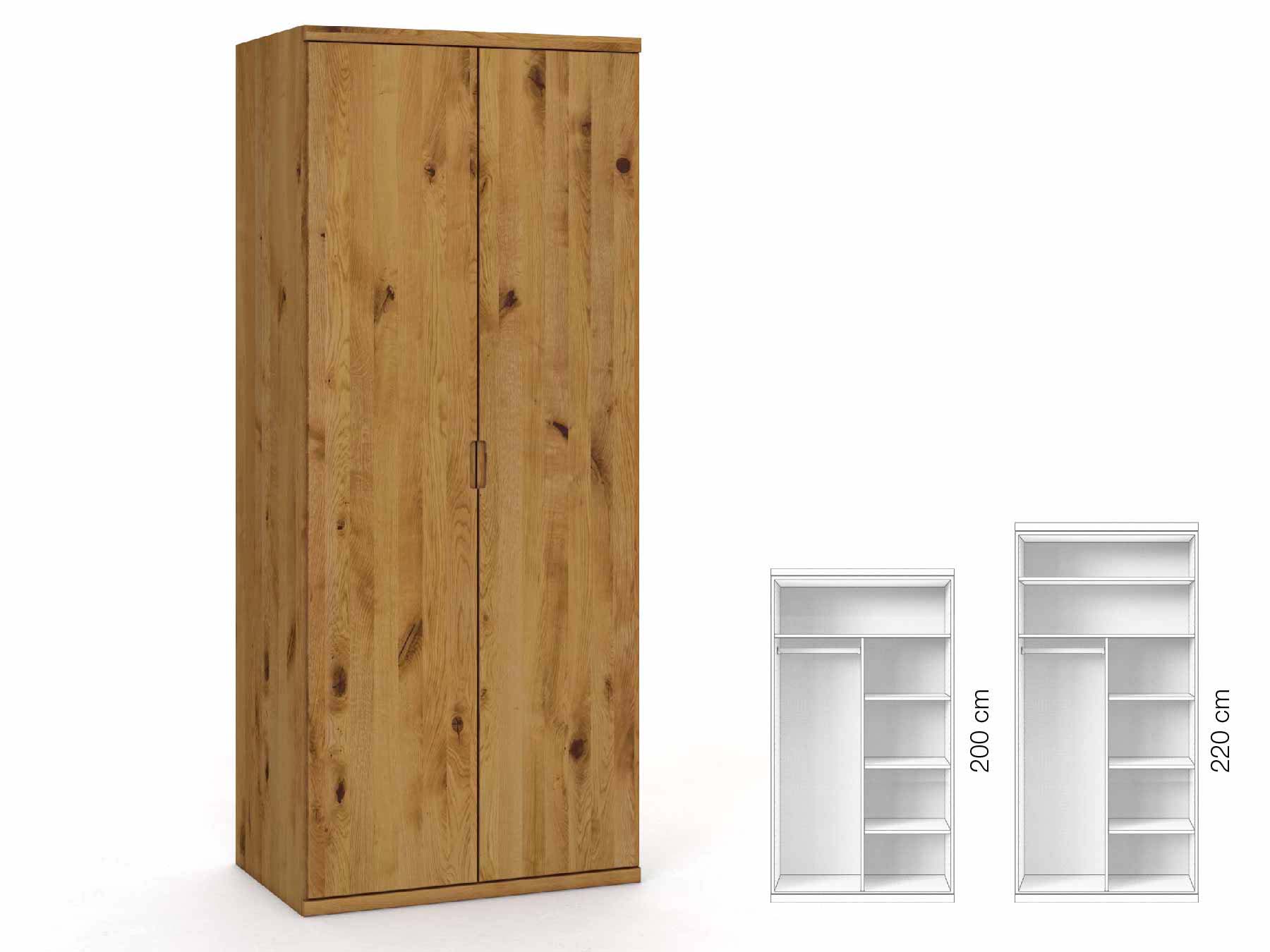 Wildeichenschrank „Romana“, 2-türig, Höhe 220 cm, Griffausführung „Lukas“, Inneneinrichtung: B