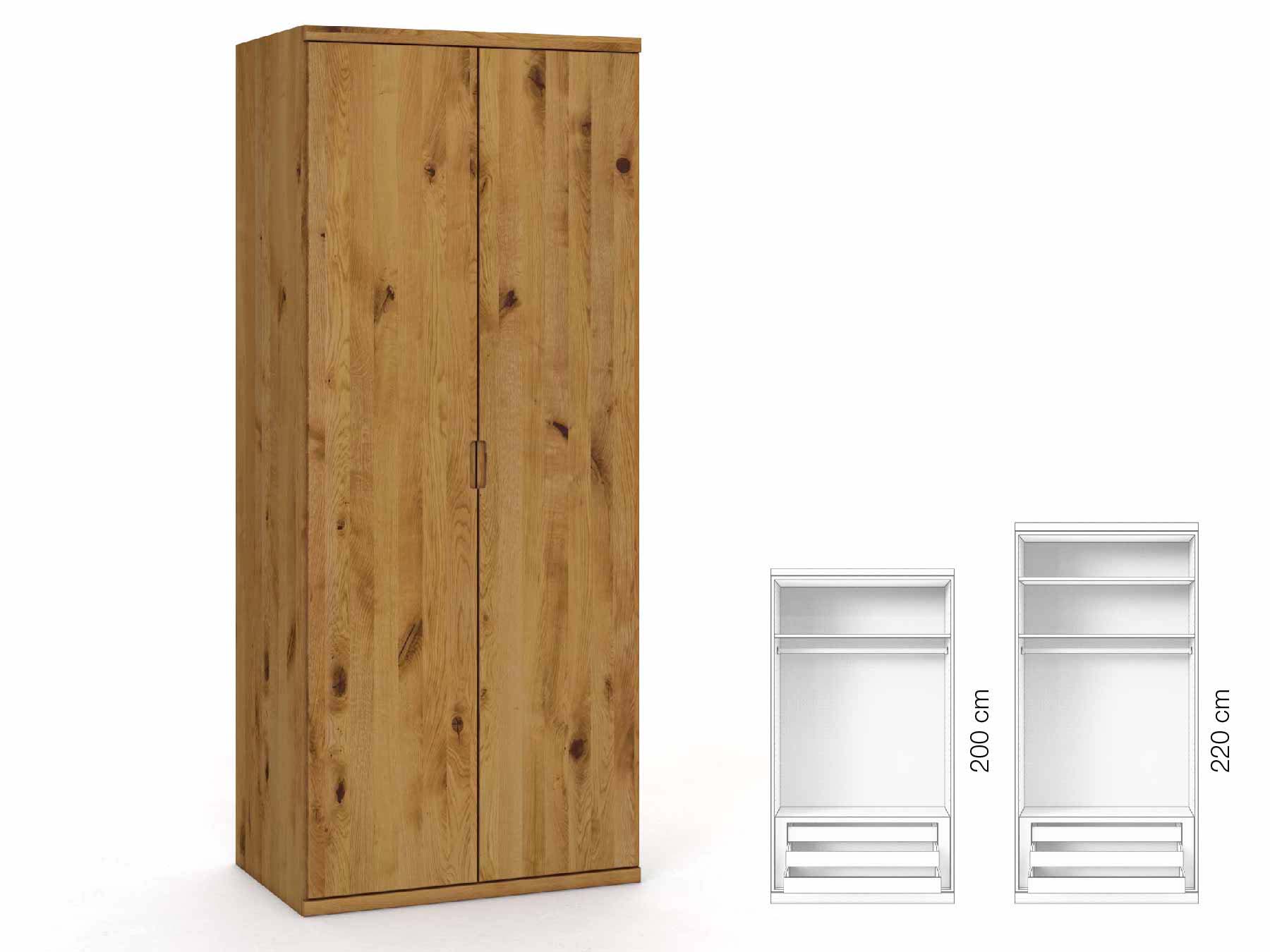 Wildeichenschrank „Romana“, 2-türig, Höhe 220 cm, Griffausführung „Lukas“, Inneneinrichtung: D