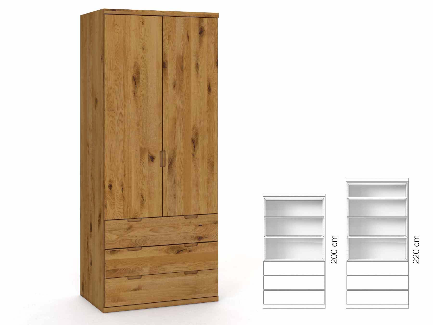 Wildeichenschrank „Romana“, 2-türig, Höhe 220 cm, Griffausführung „Lukas“, Inneneinrichtung: E