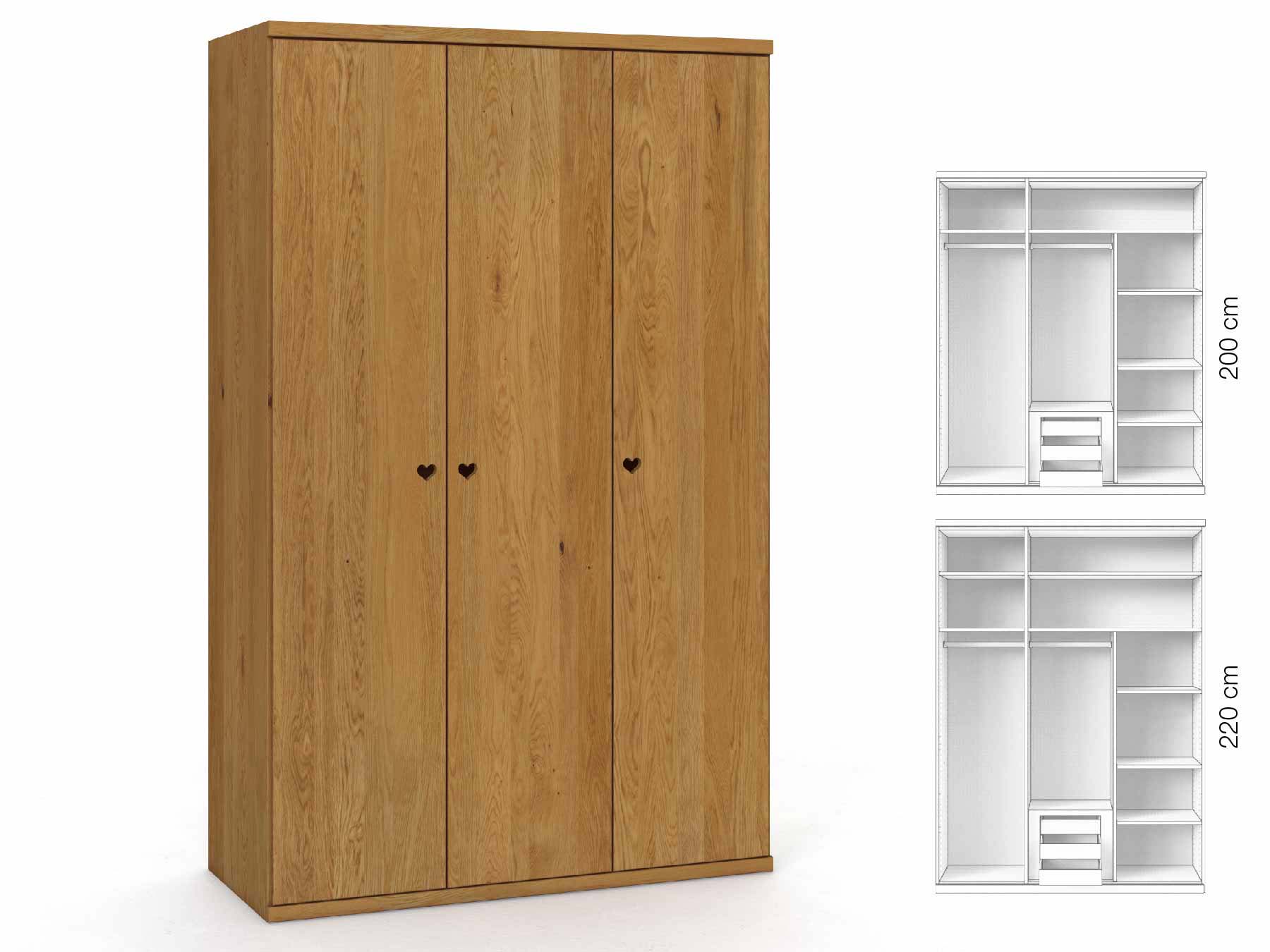 Eichenschrank „Romana“, 3-türig, Höhe 220 cm, Griffausführung „Heidi“, Inneneinrichtung: D