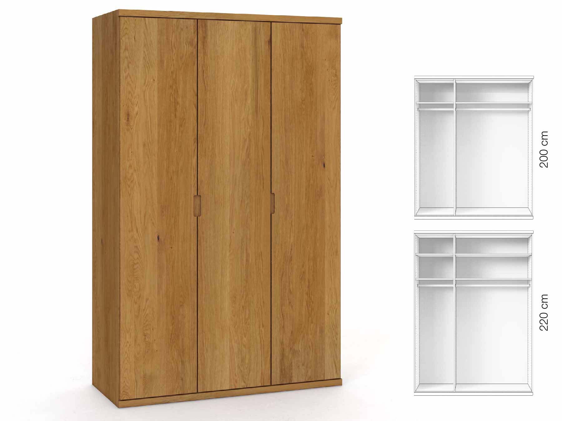 Eichenschrank „Romana“, 3-türig, Höhe 220 cm, Griffausführung „Lukas“, Inneneinrichtung: A