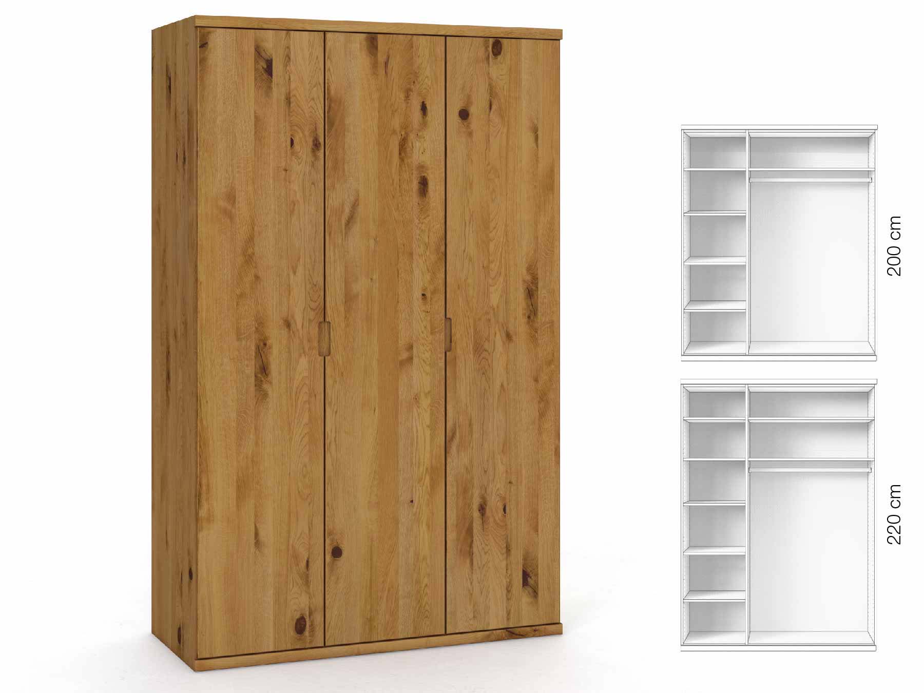 Wildeichenschrank „Romana“, 3-türig, Höhe 220 cm, Griffausführung „Lukas“, Inneneinrichtung: B